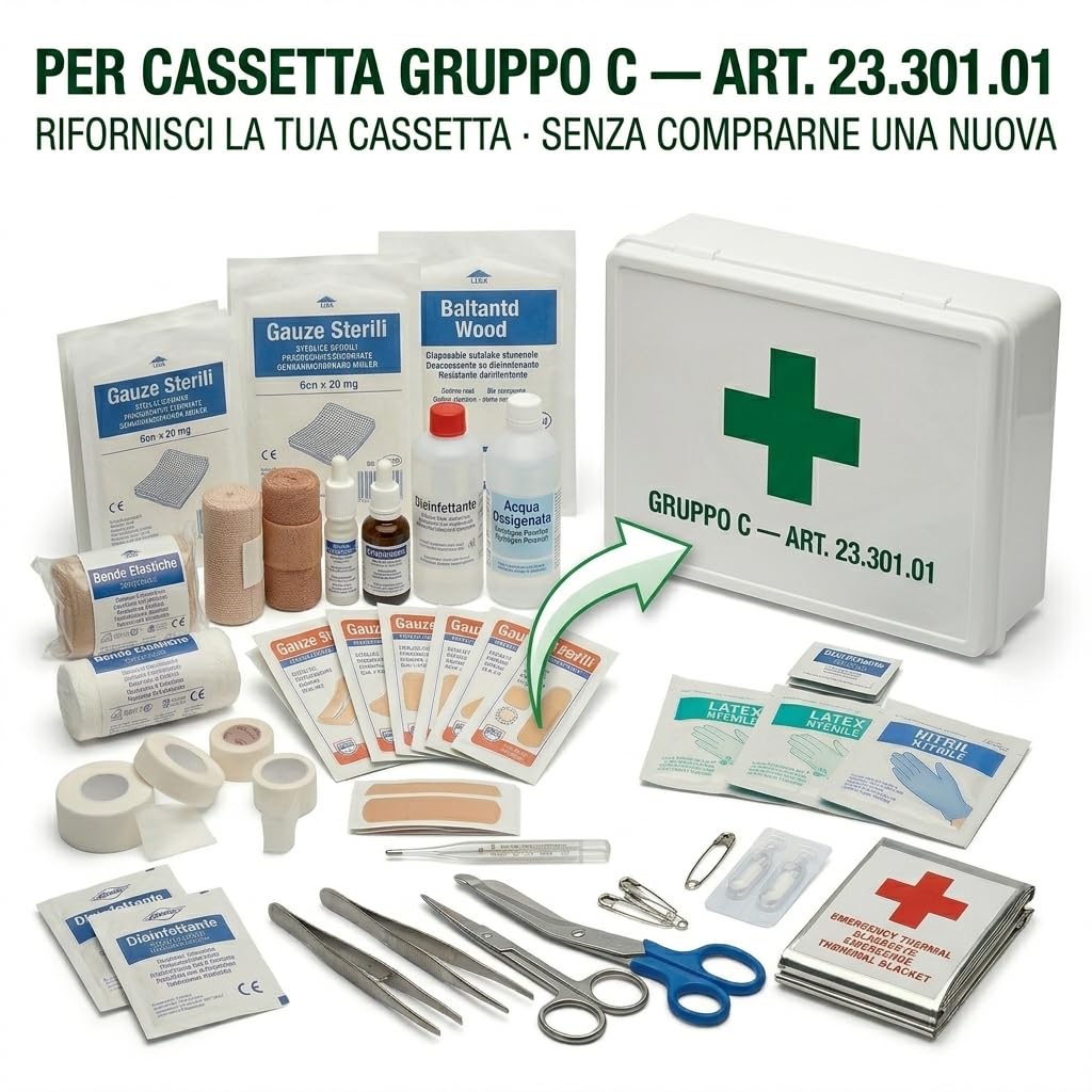 Lemag Reintegro Cassetta Primo Soccorso Gruppo C – Ricarica Conforme D.Lgs. 81/2008 D.M. 388/2003 – Kit Reintegro Pronto Soccorso Aziende fino a 3 Lavoratori – per Art. 23.301.01 | Made in Italy
