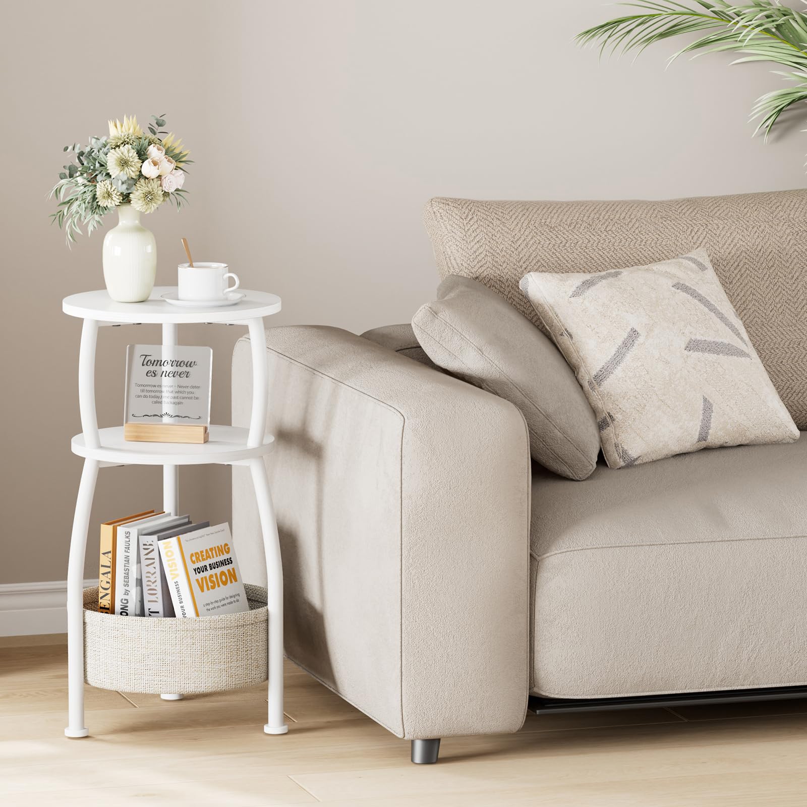 Beistelltisch rund, 3-Stufiger Runder Kleiner Tisch, Couchtisch Klein, Nachttisch, mit Stofftasche, Wohnzimmertisch, Korb aus Stoff, Sofatisch für Room Dekor, Metall, modern 015120550 (Weiß)