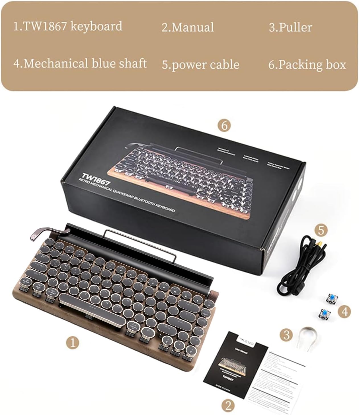 83-Key Mechanical Keyboard - Retro Typewriter Wireless Bluetooth Gaming Keyboard, Anti-Ghosting Blue Switch (Wood) - Image 8