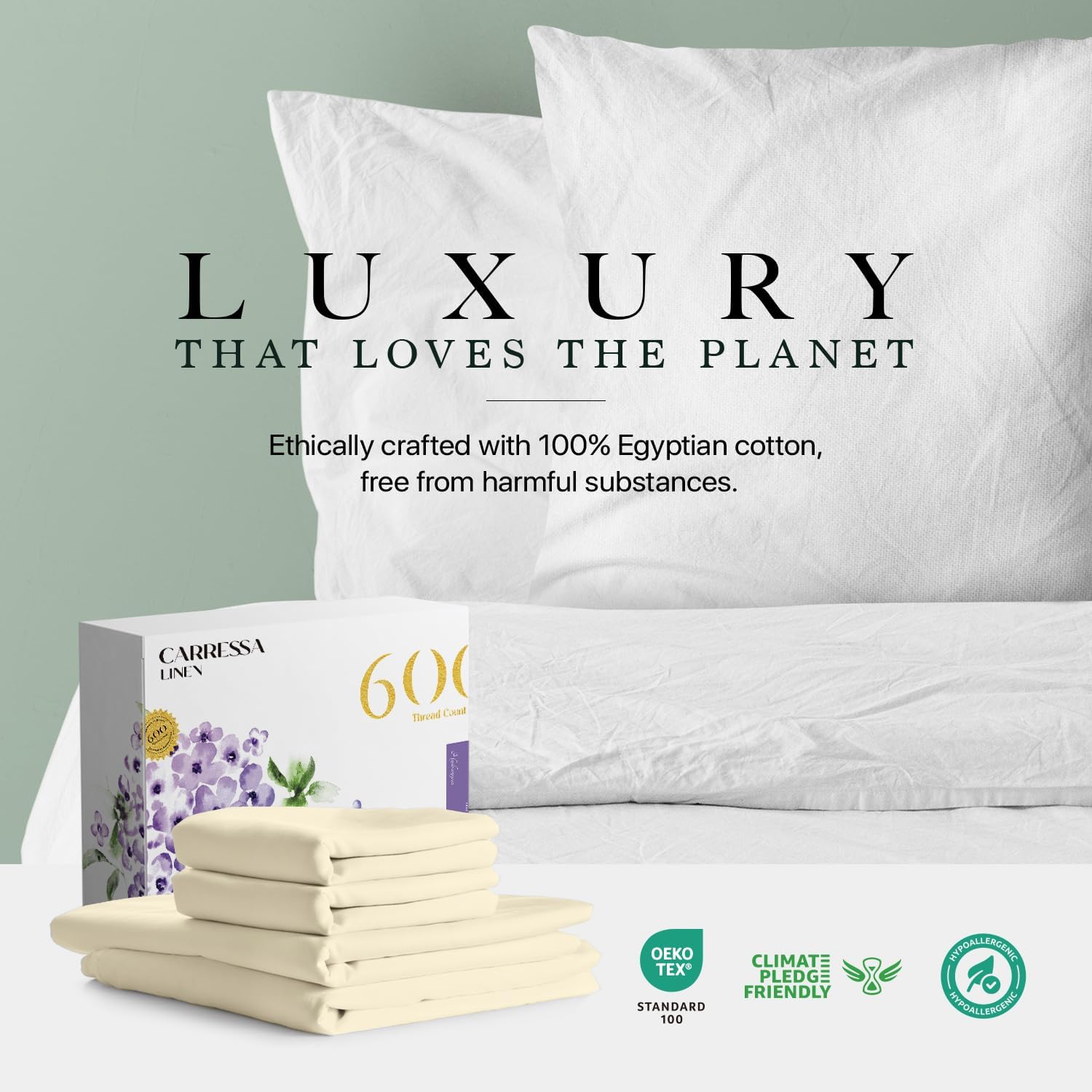 Carressa Linen 100% Egyptian Cotton Queen Sheet Set - 600 Thread Count Egyptian Cotton Queen Sheets Set (4 PC, Ivory Cream), Ultra Soft, Cooling, 16" Deep Pocket Sateen Weave Luxury Hotel Bed Sheet - Image 8