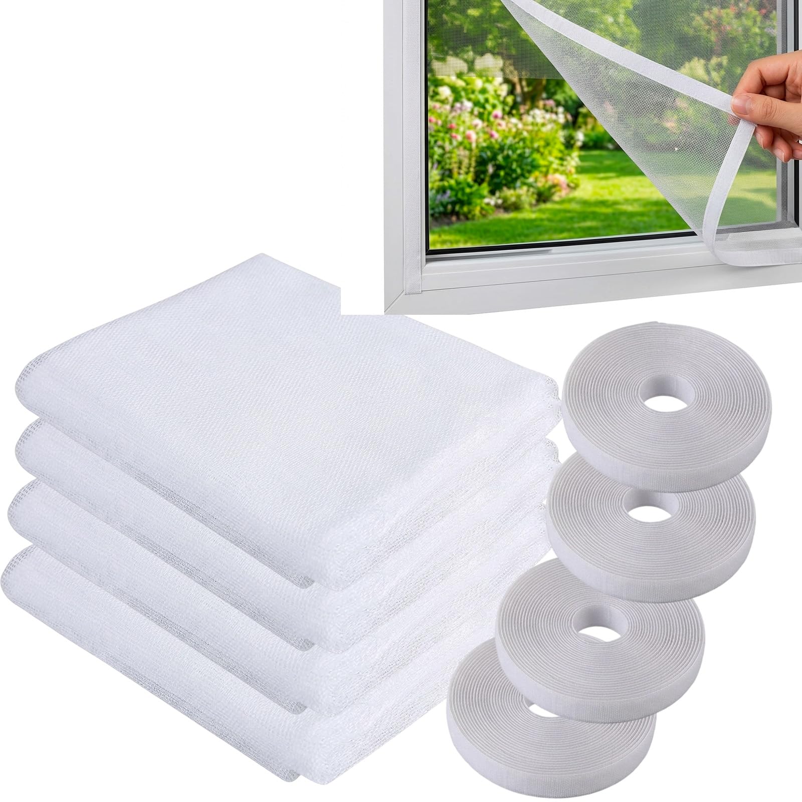 4 Pcs Window Netting for Insects, Fly Net for Windows, DIY Self-Adhesive Insect Screen, Mosquito Net Window Protection, 130 x 150 cm Mesh Screens