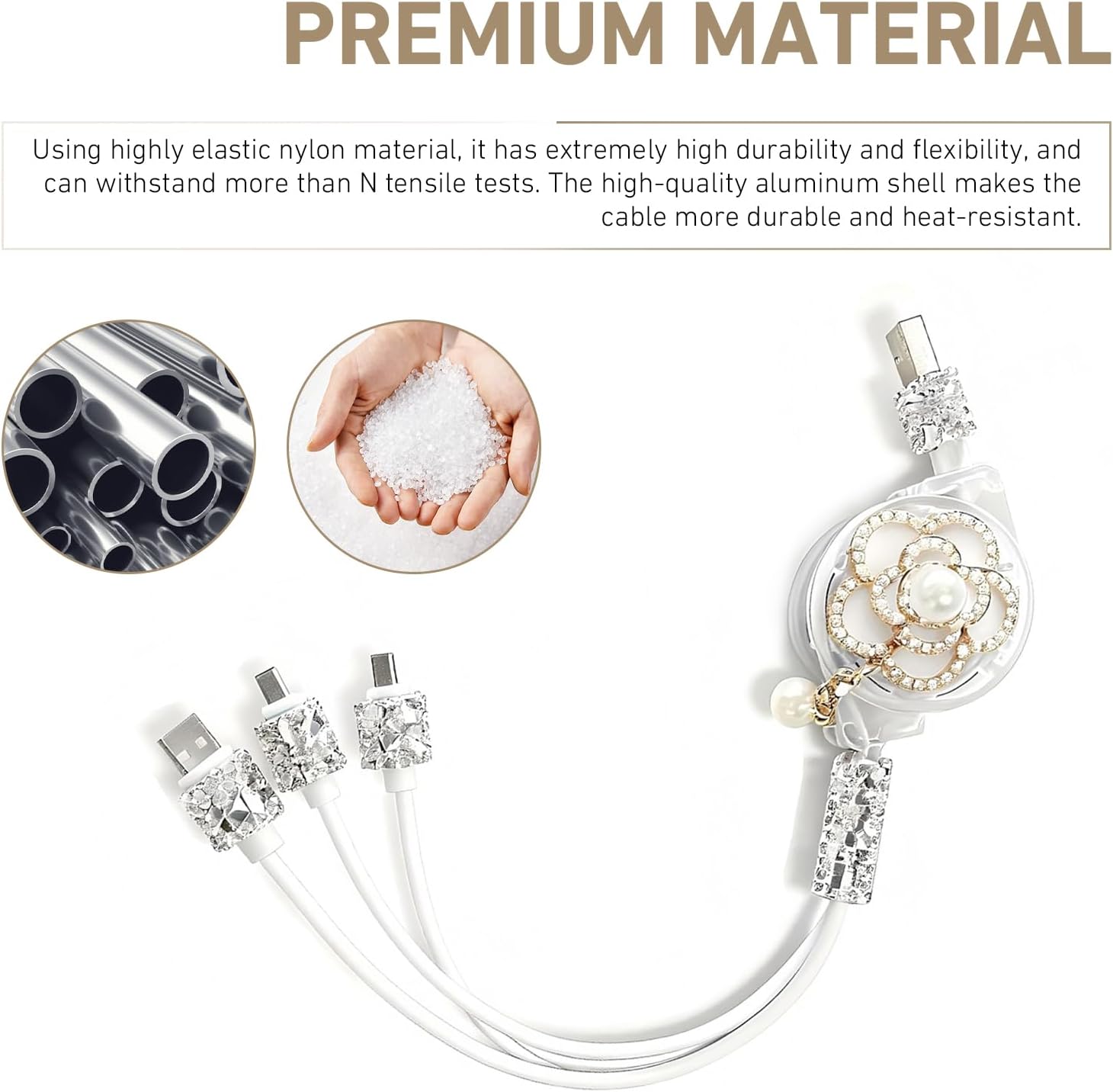 Car Multi-function Cable, 5-length Cigarette Lighter Retractable Cord, 3 in 1 Type-C Lightning Micro USB Cable with Luxury Pearl Decoration, Fast Power Connector for Most Devices (White) image 5