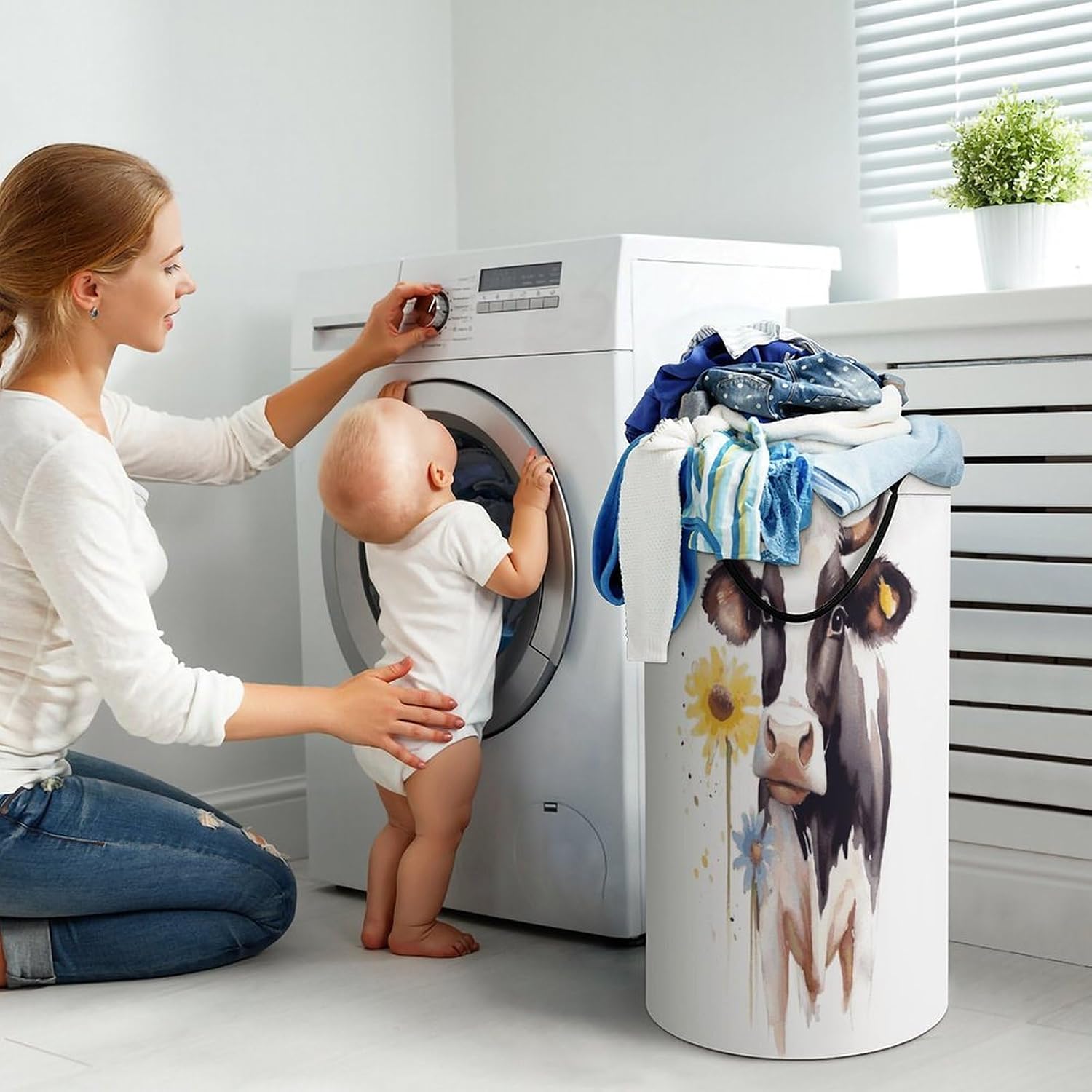 Watercolor Cow And Daisy Flower Laundry Basket 86L Laundry Hamper | Collapsible Clothes Hamper with Reinforced Handles Waterproof Tall Foldable Dirty Clothes Basket for Hotel, Home, Closet