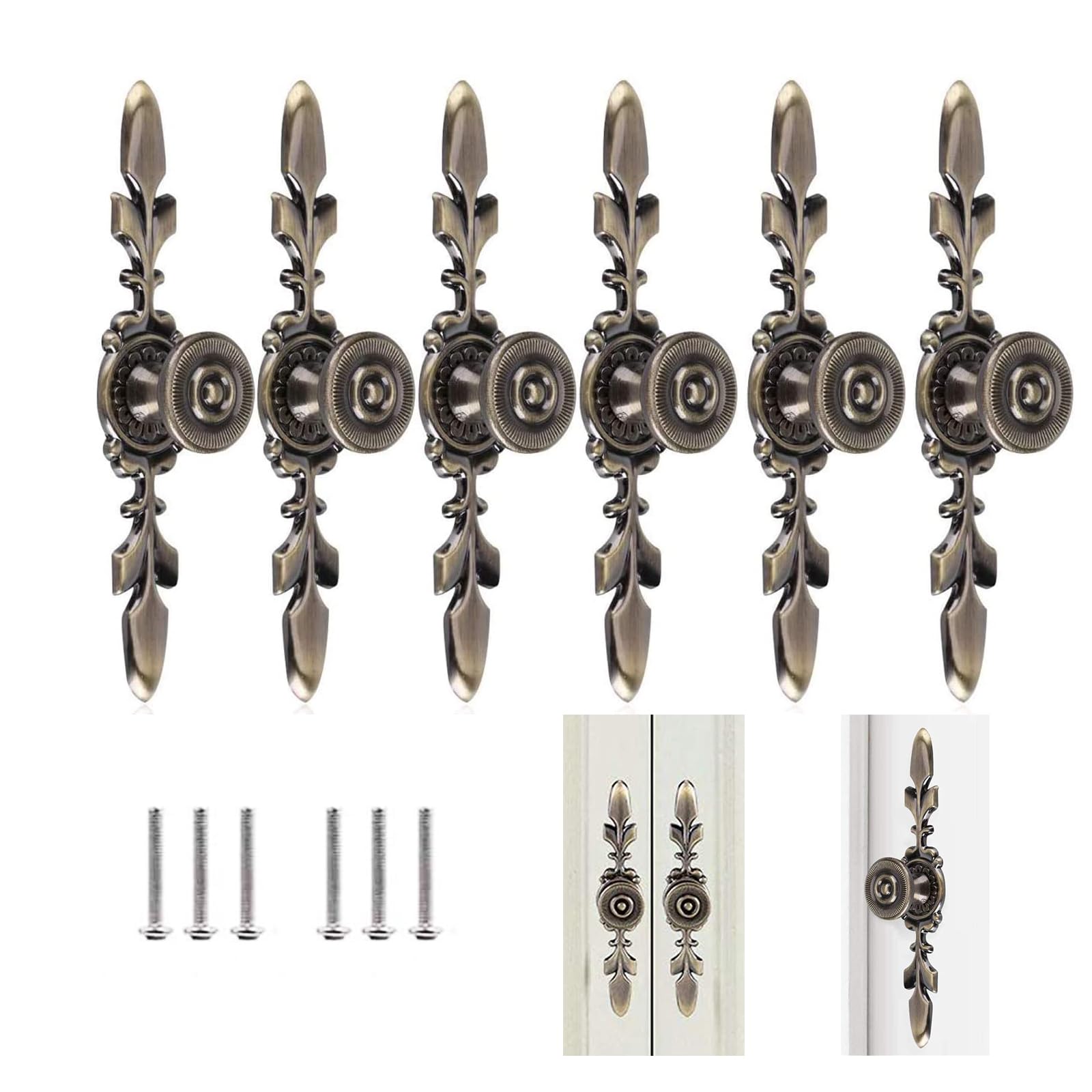 Ylinwtech Pack of 6 Vintage Furniture Handles, Vintage Style Pull Handle, Traditional Drawer Handle, Door Knob, Back Plate, for Home Furniture, Drawer, Cupboard, Chest of Drawers, Wardrobe, Cupboard
