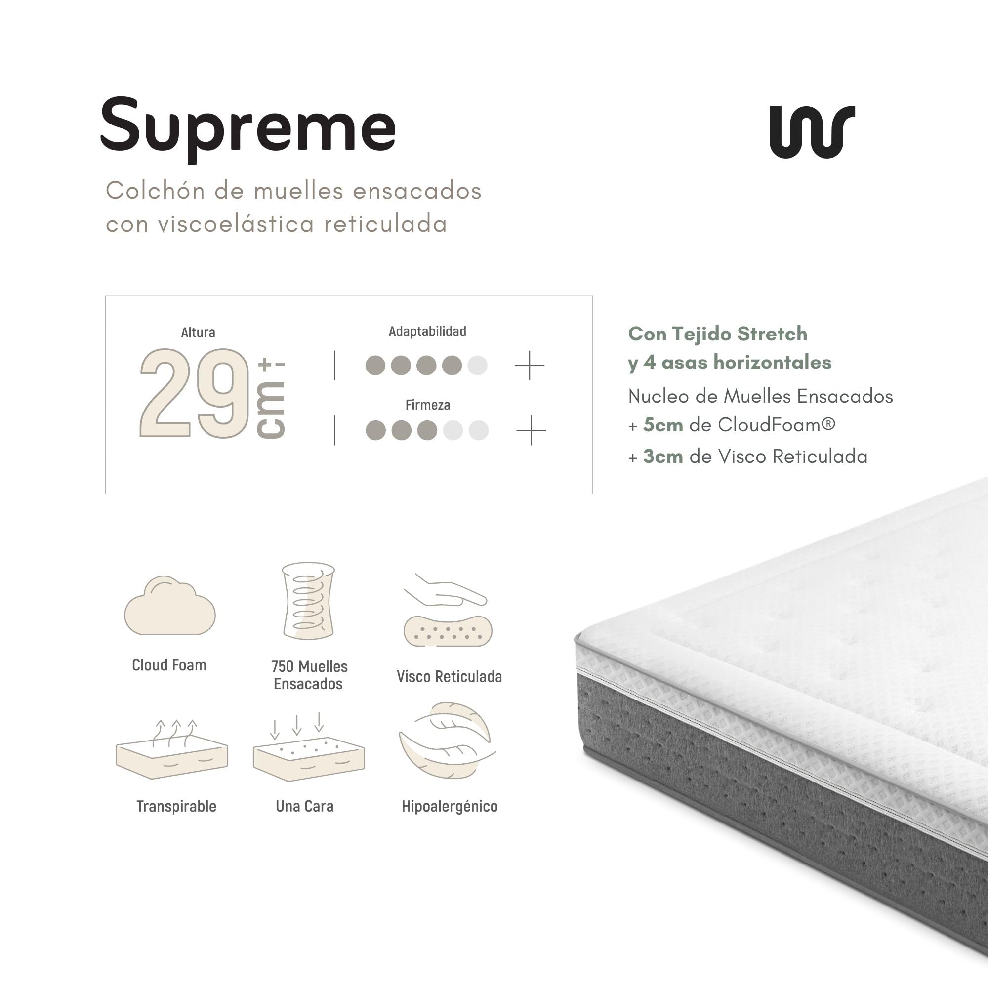 Win Rest Colchón Muelles Ensacados 90X190, Modelo Supreme, Altura 29 cm, Viscoelástico Reticulado, Espuma Cloud Foam, Gran Adaptabilidad, Firmeza Media, Tejido Strech, Hipoalergénico, Hecho en España