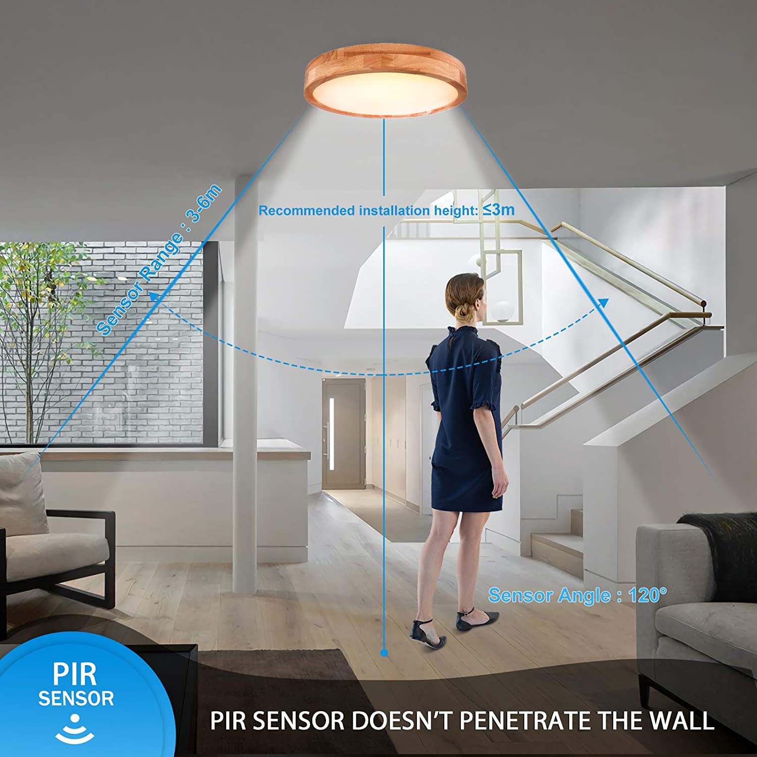LED Deckenlampe mit Bewegungsmelder 12W - Holz Deckenleuchte mit Bewegungssensor Sensor und Dämmerungssensor - Wood Deckenbeleuchtung für Flur, Treppe, Veranda, Garage, Korridor, Balkon, Keller