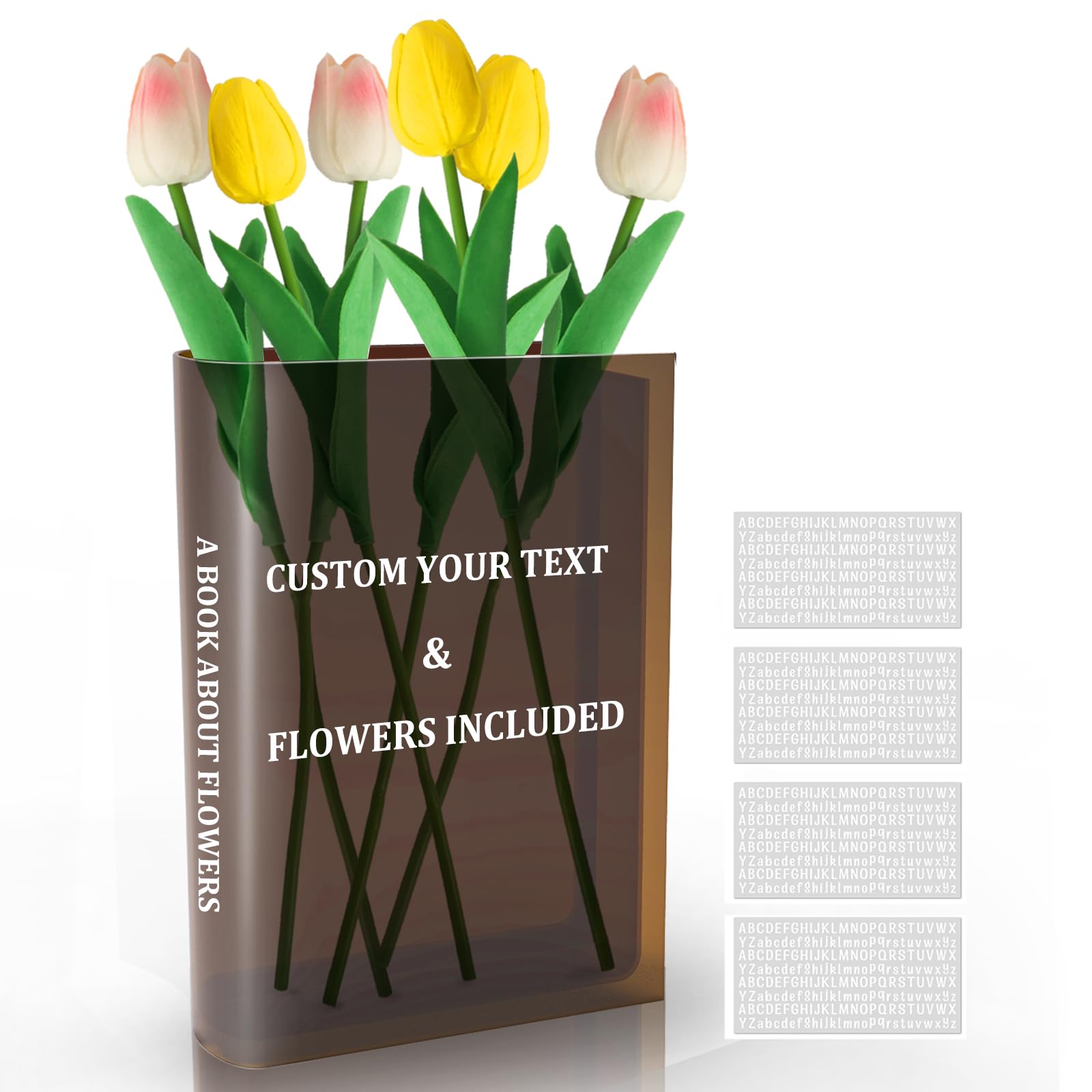 Acrylic Book Vase - Custom Asthetic Book Shaped Vase With 6 Artificial Tulips & 4 Sheets Letter Stickers, Unique Flower Vase Perfect To Hold Flower Bouquets,Stones,Pebbles,Branches & Other Decorations