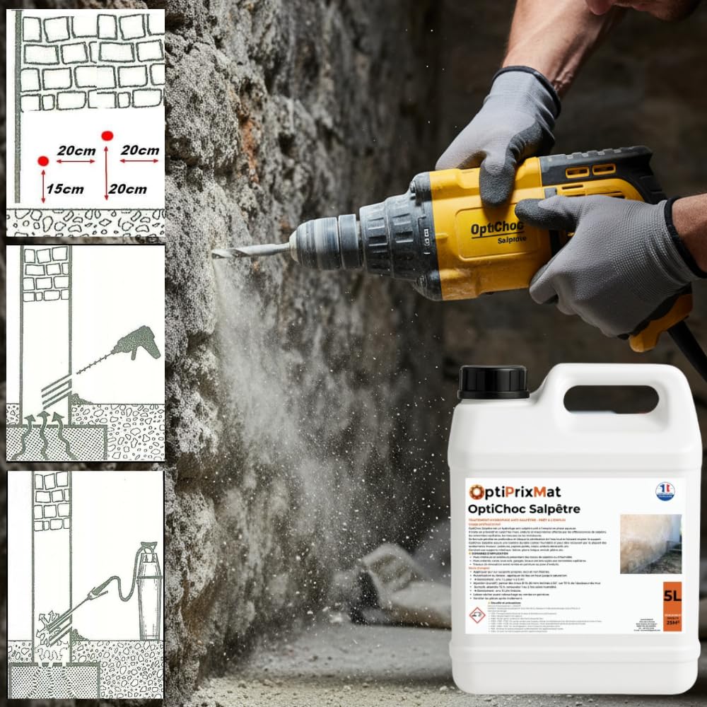 OPTICHOC SALPÊTRE – Traitement Hydrofuge Anti-Salpêtre Intérieur/Extérieur – Stoppe l’Humidité et les Remontées Capillaires – Prêt à l’Emploi – Incolore et Inodore – Bidon 5L (≈25 m²)