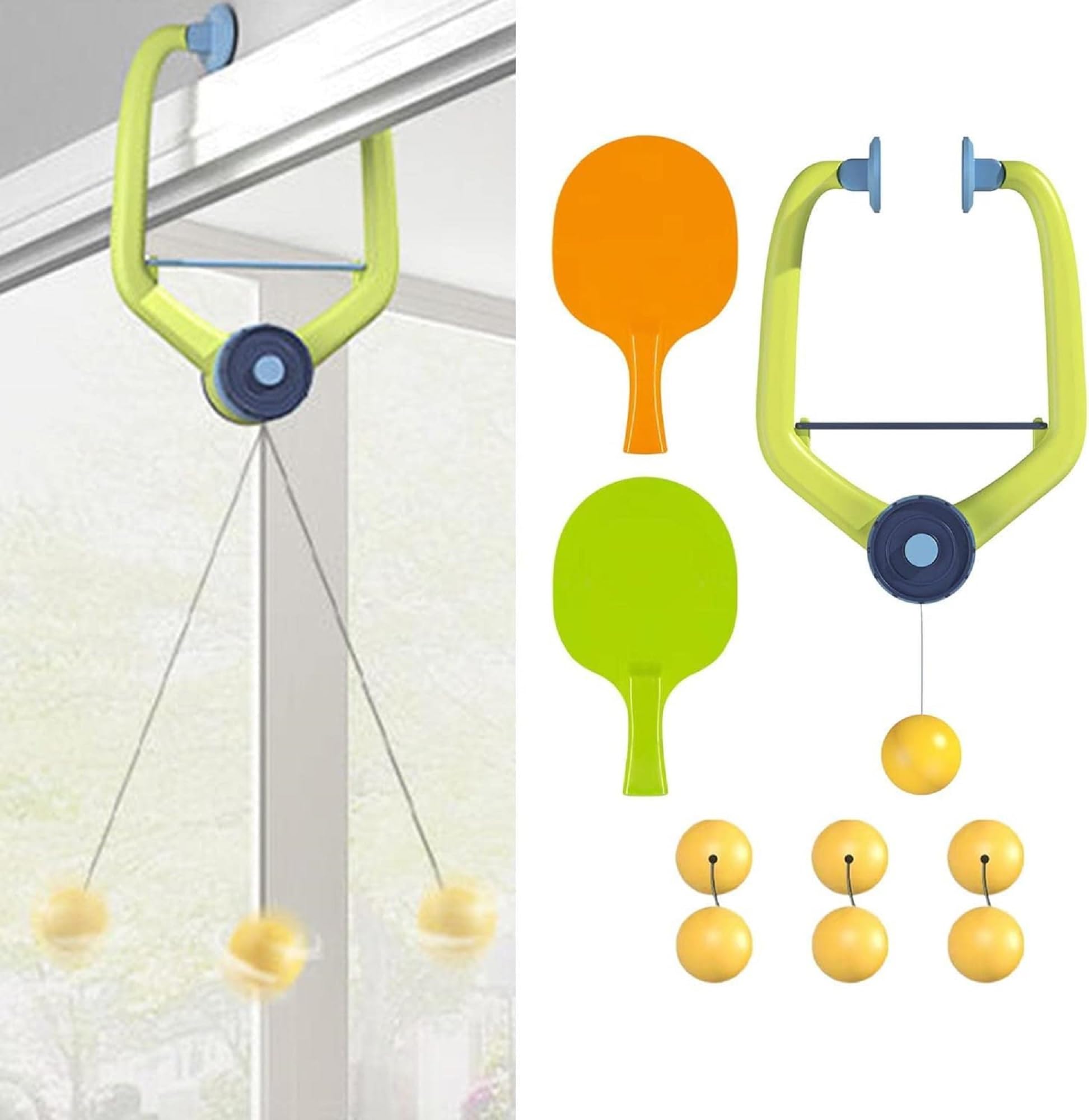 Door Frame Hanging Reaction Ball Game Set with Adjustable Rope, Plastic Frame and Paddle Bats 3