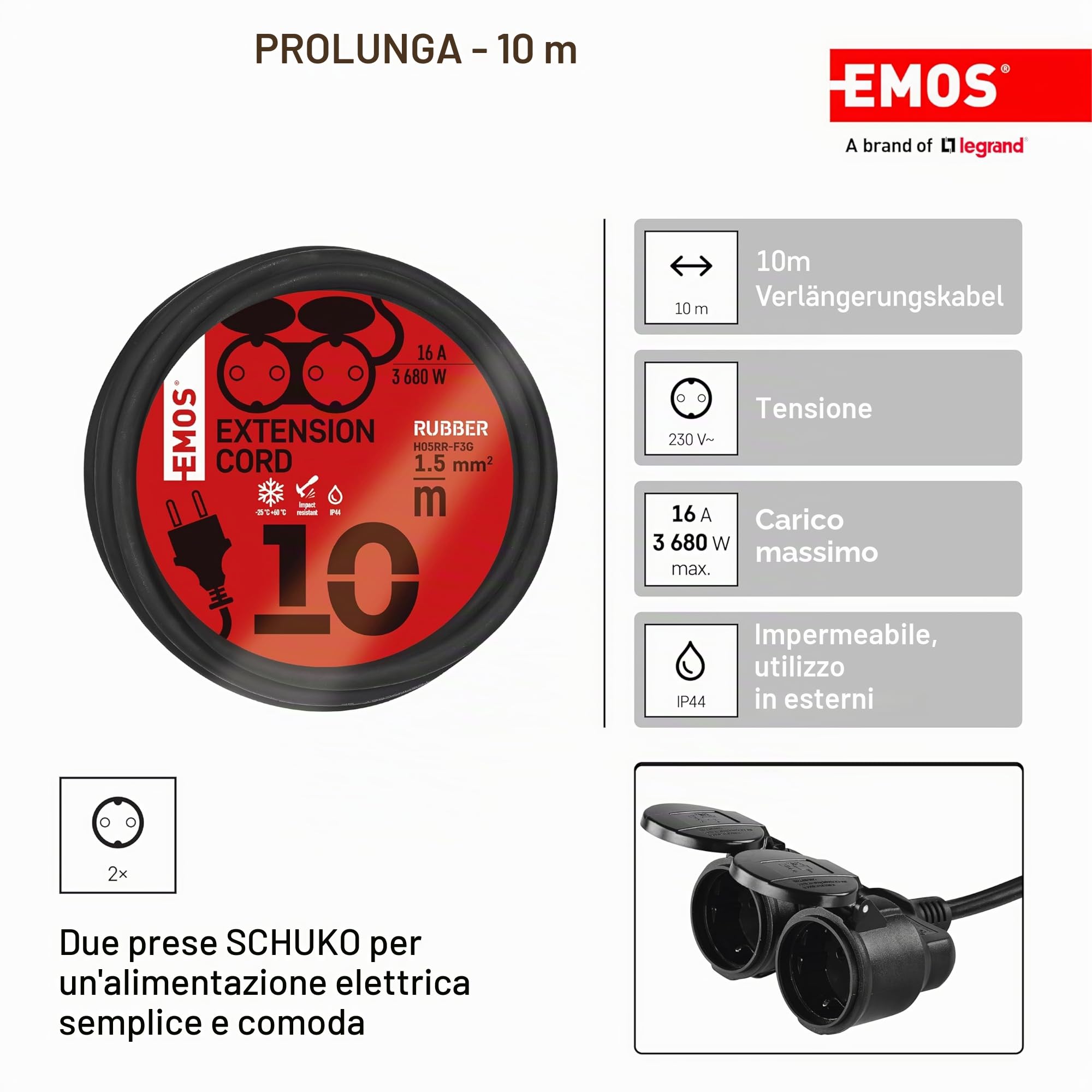 EMOS - Cavo di prolunga IP44 10 m - 2 prese Schuko - impermeabile, resistente agli urti, al calore e al freddo - 230 V, 16 A, 3680 W - isolamento in gomma - H05RR-F3G 1,5 mm2 - per uso esterno - nero