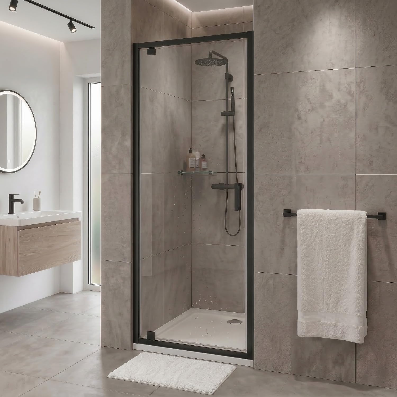Go Bathrooms Nera 760mm Pivot Shower Door Black 6mm Toughened Safety Glass Shower Enclosure 20mm Wall Adjustment Reversible Alcove Shower Screen Matt Black Finish
