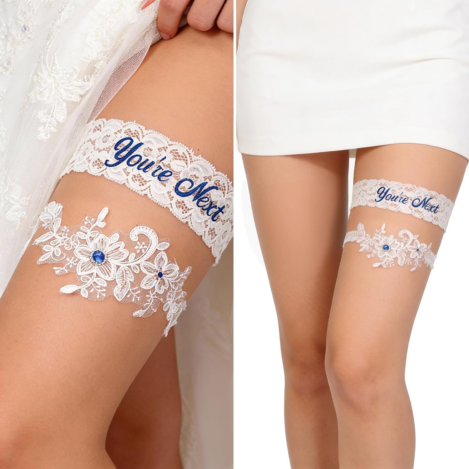 2 PCS Bridal Wedding Garter for Bride Plus Size, Rhinestones Blue Garters for Bride with Stretchy Softband, White Lace Floral Garters for Brides Women
