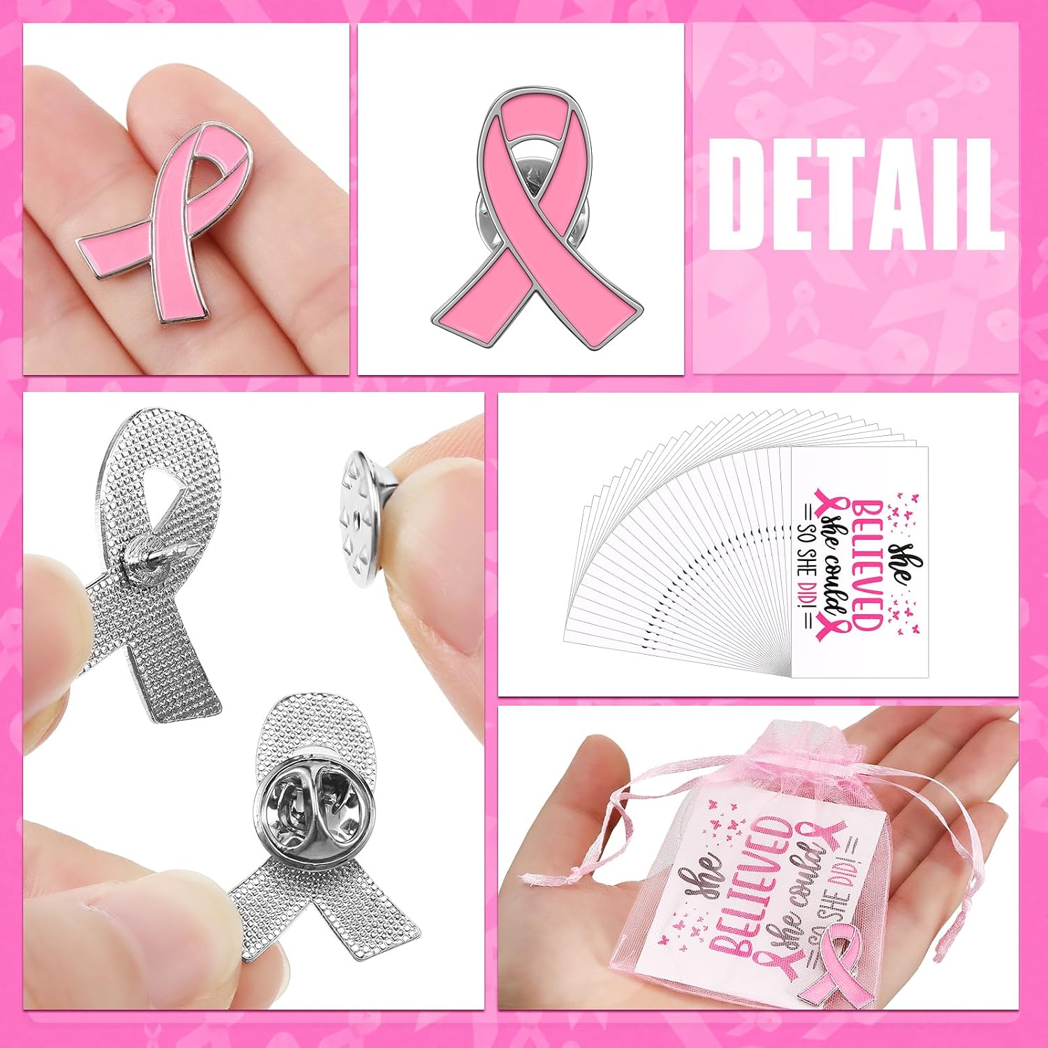 Zeyune 150 Pcs Breast Cancer Awareness Gift Breast Cancer Party Favor Supplies Pink Ribbon Lapel Cards Festival Bags Accessories for Women Girl