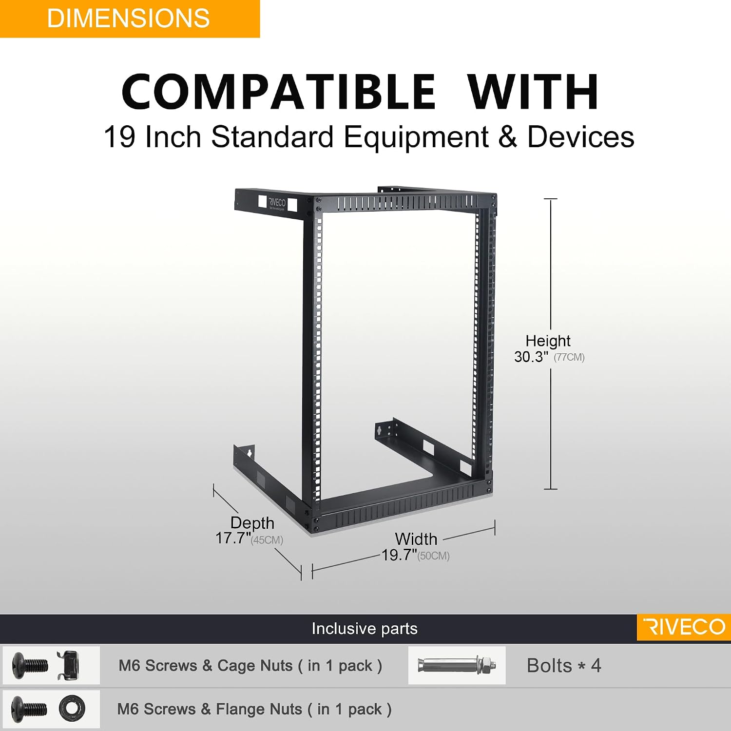 RIVECO 15U Cabinet 19" Wall Mount Shelf Network Rack – 17.7" Deep 2 Post Open Frame Easy Assembly Firm Constructed for Internet/Server/AV/Home Equipment/Patch Panel Heavy Duty Light Weight, Black image 5