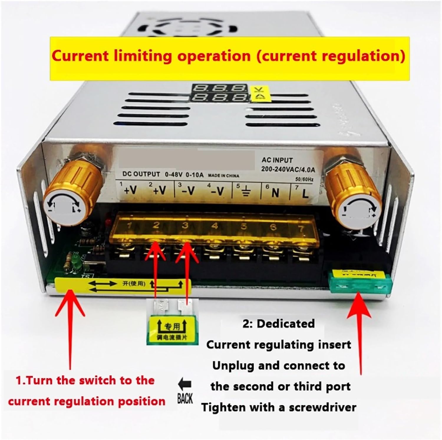 Rear view of the PACUM DC Power Supply showing AC input, DC output terminals, and the current regulation switch.