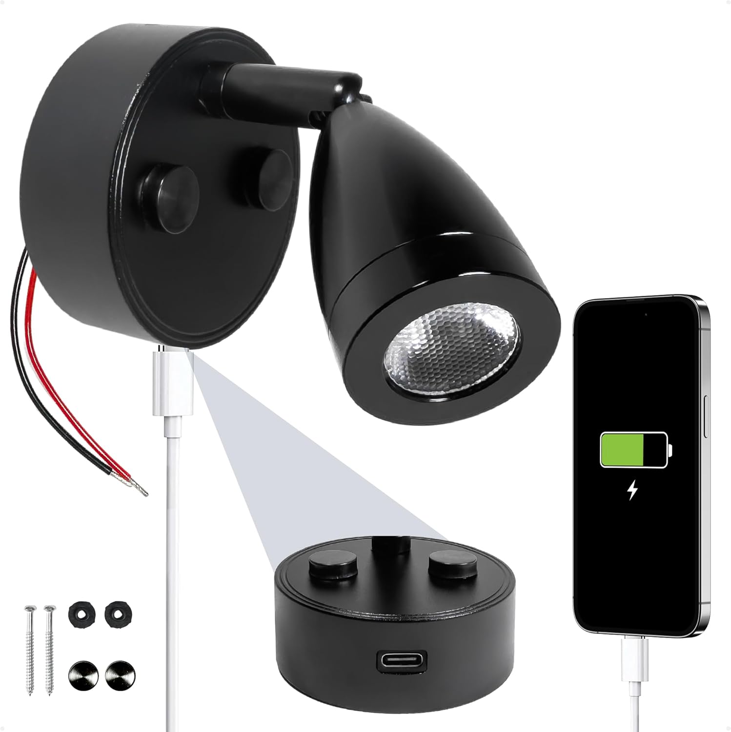 Five Oceans LED Reading Light with Touch Dimmer on Base/Housing/Swivel, USB-C, Warm White & Blue, Matte Black Color Housing, 200LM, 10-28V, RV Interior Lights for Boats, RVs, Trailers - FO5034