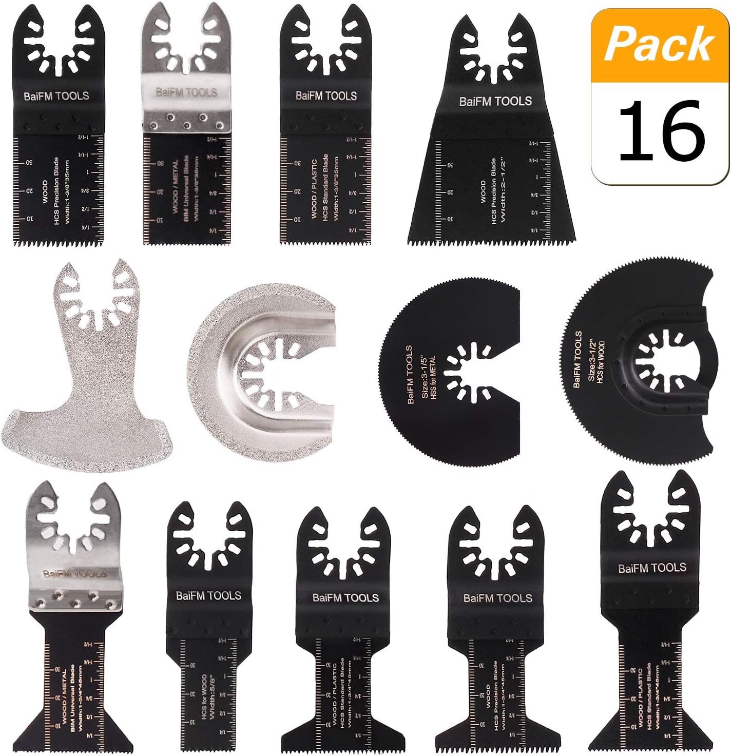 BaiFM 16pcs Metal/wood Oscillating Professional Multitool Quick Release Saw Blades Fit Fein Multimaster Porter Cable Milwaukee DeWalt Chicago Craftsman Black & Decker Bosch Ridgid Ryobi and More