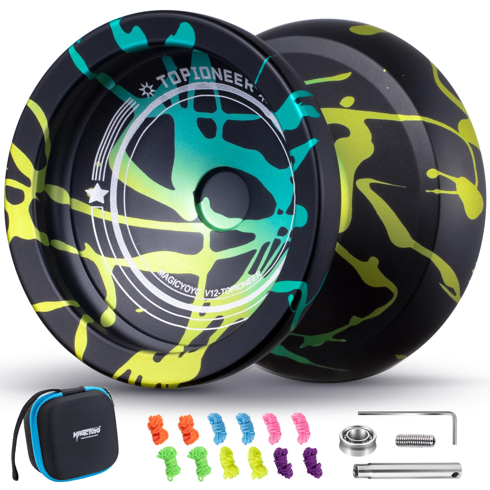 MAGICYOYO V12 Yoyo Professional Responsive Yoyo for Kids 8-12, Unresponsive Yo yo for Adults, Dual Function Fingerspin Trick Yoyo with 12 Yoyo Strings + Yo-Yo Accessory Kit (Black Green Cyan)