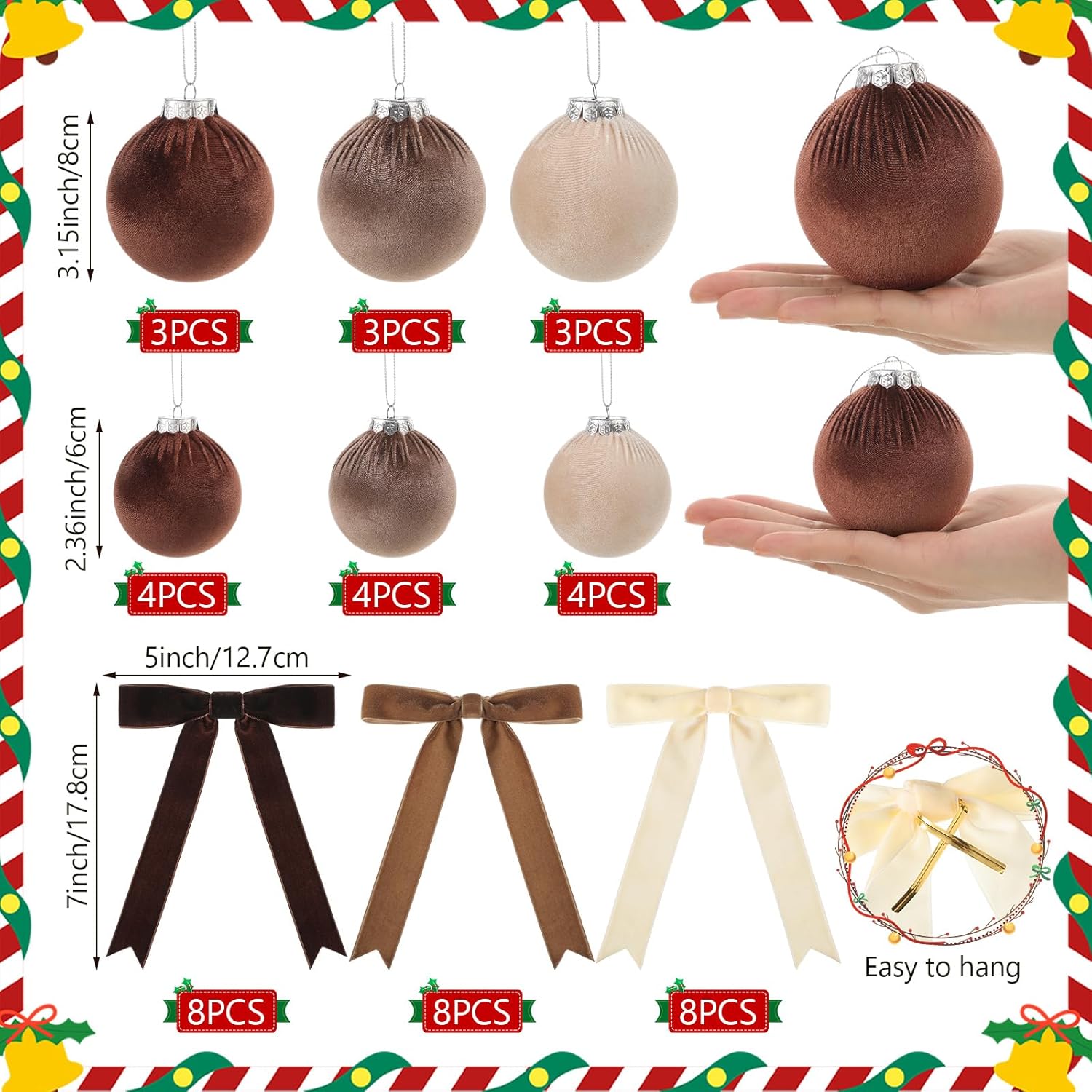 Riceshoot 44 Pcs Velvet Christmas Tree Ornaments Set Include 20 Christmas Balls and 24 Vintage Bows Multicolor Hanging Xmas Tree Ornaments Holiday Party Decorations (Brown,Neutral)