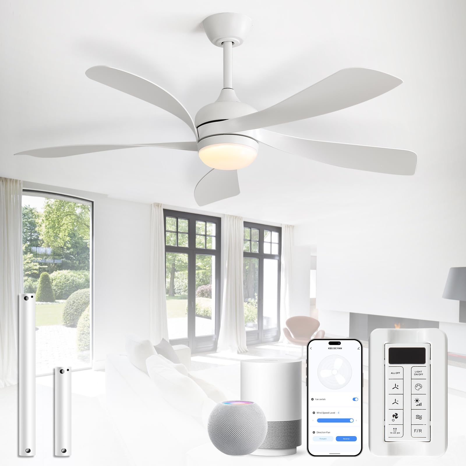 CACI Mall 52 inch Smart Ceiling Fans with 3-Color Dimmable LED Lights, Remote Control, Works with Alexa/Google/App, 5 Blades, Quiet DC, Indoor/Outdoor Ceiling Fans for Living Room, Bedroom, Patios