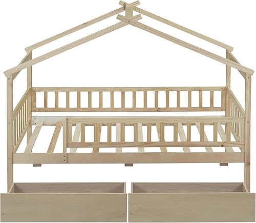 Miniatura 4 de Quarte Marco de cama de madera de tamaño individual con valla y techo, cama de madera con dos cajones para dormitorio de niños y niñas, se puede