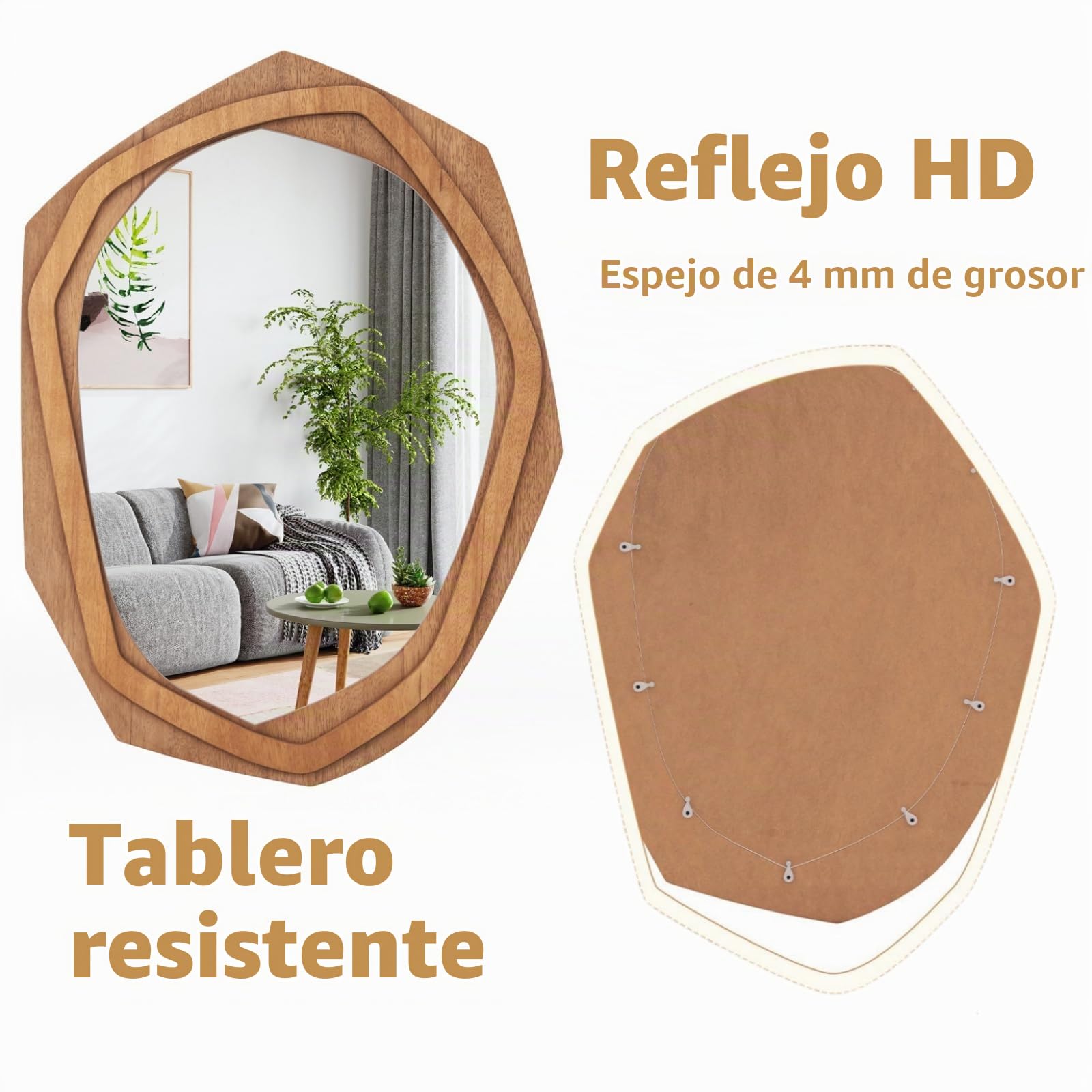 LIFEZEAL Espejo de Pared Irregular, Espejo Decorativo HD con Marco de Madera, Diseño Abstracto y Rústico, Espejo Inastillable para Salón y Baño (66 x 89,5cm)