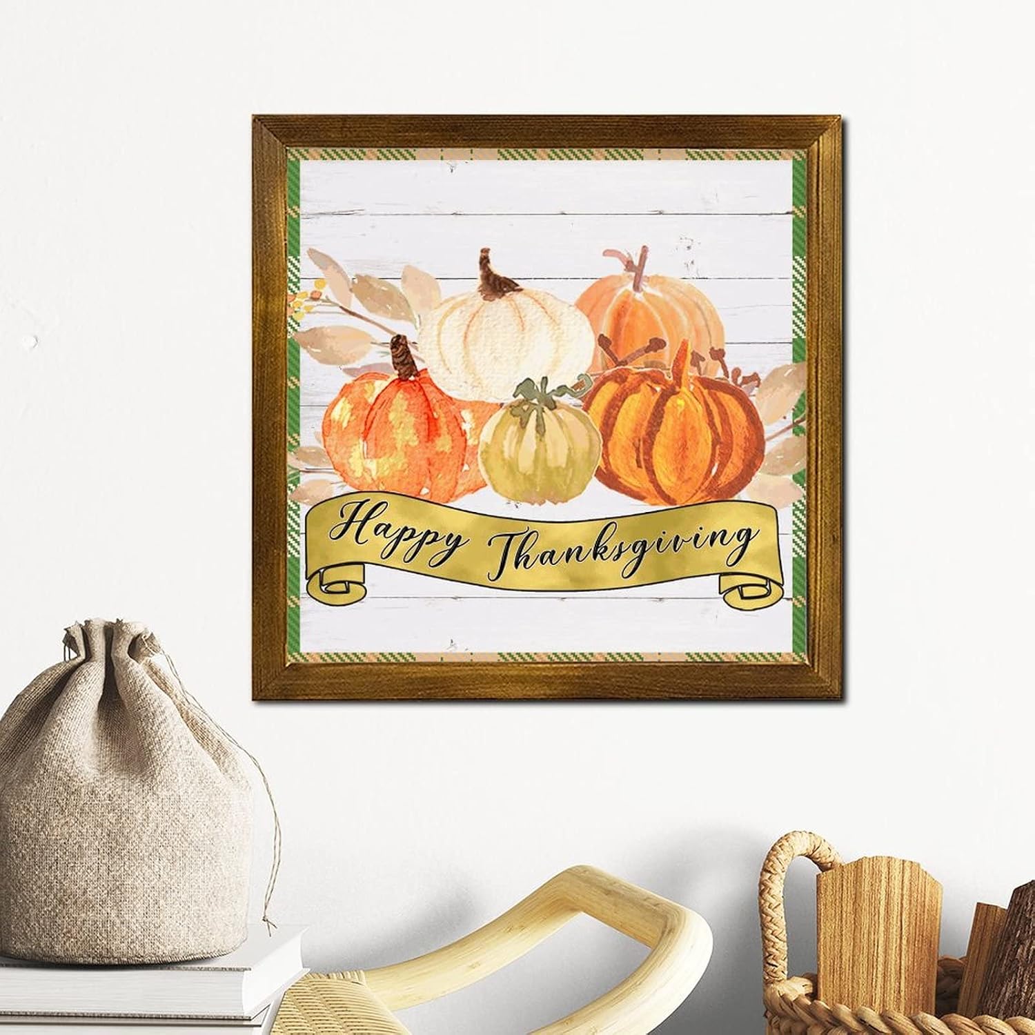 Happy Thanksgiving Wooden Framed Signs Fall Pumpkin Sunflower Wooden Wall Art Signs Classic Autumn Harvest Wooden Wall Art Decoration for Home Office Kitchen Bathroom Bedroom 12x12 inch