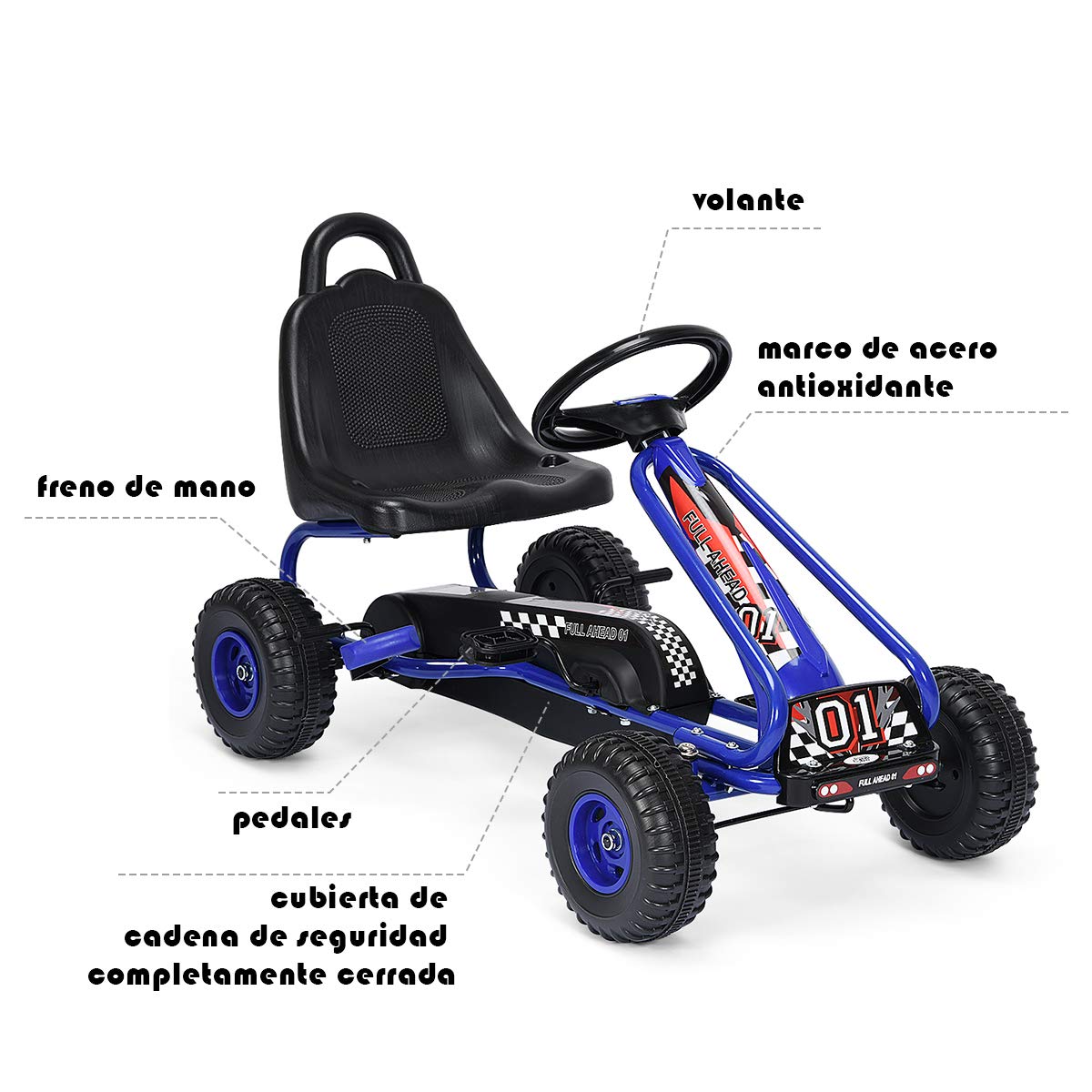 COSTWAY Go Kart de Pedales para Niños con 4 Ruedas Antideslizantes Asiento Envolvente y Freno de Mano, para Niños y Niñas (Azul)