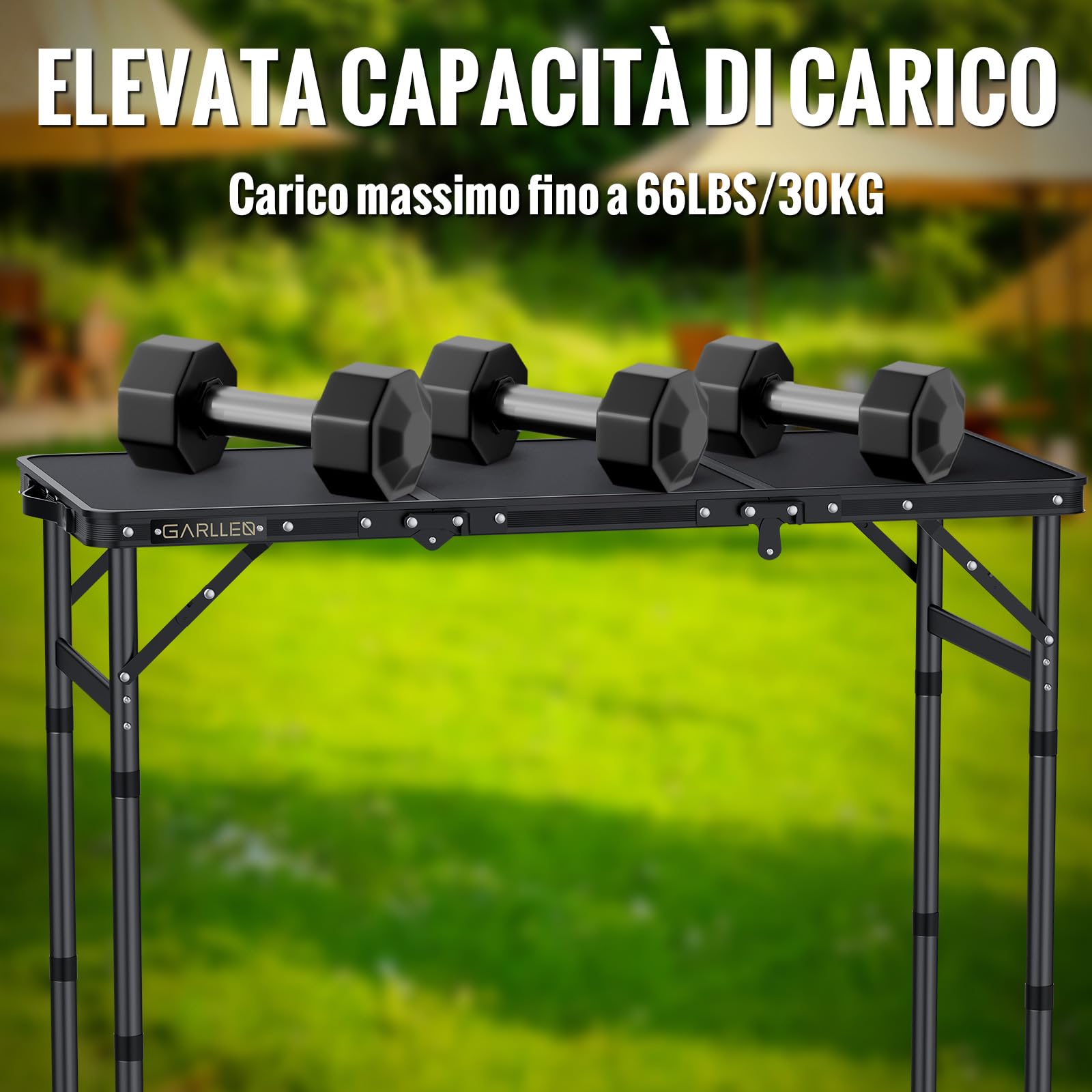 GARLLEN Tavolo Pieghevole Salvaspazio,87x40 cm,3 Altezze Regolabili (26/48/70 cm),Tavolo da Pesca in Alluminio,per Campeeggio Picnic e Spiaggia,3 Pieghe,Nero