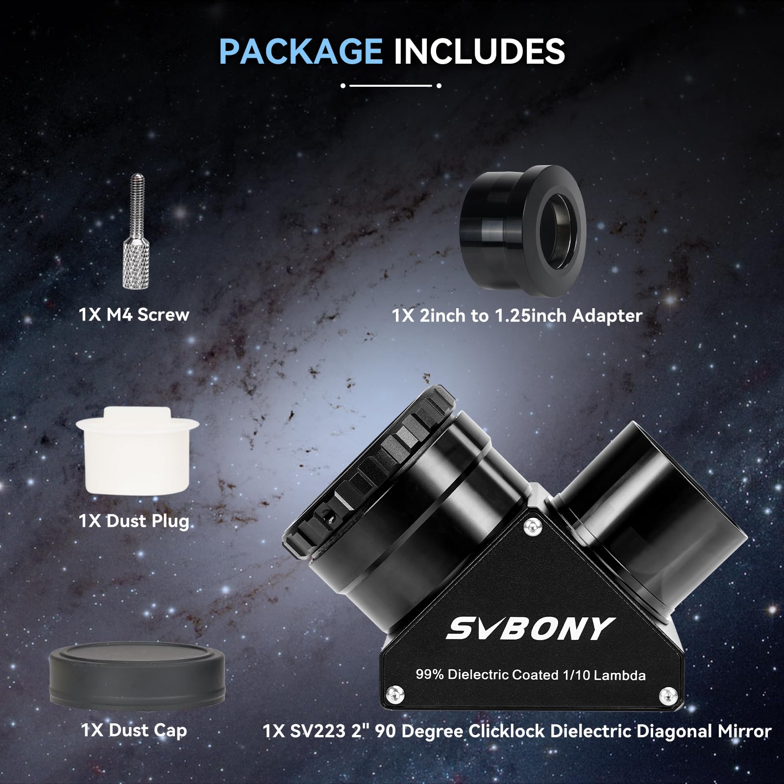 Svbony SV223 Diagonal Mirror, 2" 90° Przekątna Gwiazdy z Adapterem 1.25" i Materiałem z Włókna Węglowego, 99% Współczynnik Odbicia Lustro Zenitowe dla Planetarnego Obrazu Głębokiego Nieba