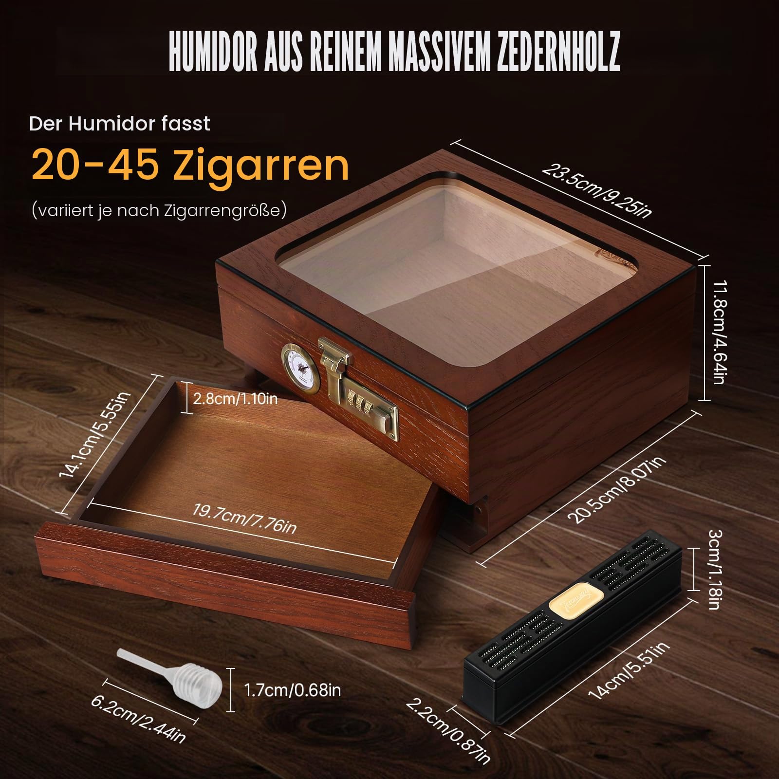 Tesonway Zigarren-Humidor, Zedernholz Humidor Zigarrenbox, Glasplatte Desktop Humidor mit Front-Hygrometer, Luftbefeuchter, Trennwand, Zubehörschublade und Zahlenschloss, Hält 20-35 Zigarren (Braun)
