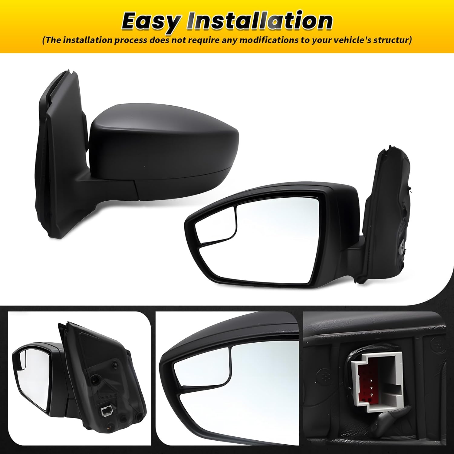 3Pins Left Driver Side Mirror Assembly Compatible with 2013-2016 Escape Side Door Mirror w/Manual Folding & Power Glass and Blindspot Glass FO1320434 Matte Black (Left)