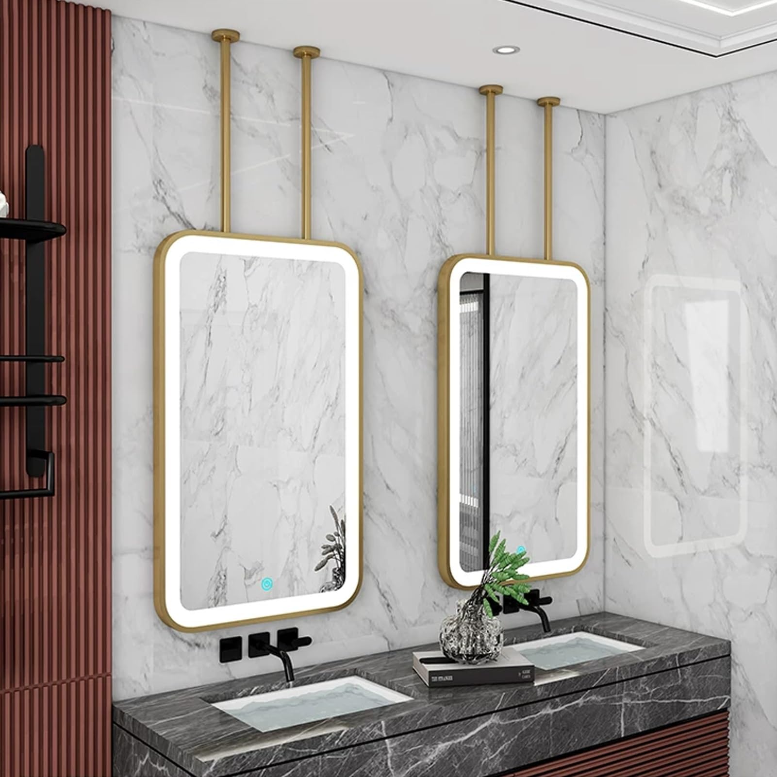 FGXHHS Gold Rectangle Ceiling Hanging Mirrors｜Metal Framed Wall Mirrors LED Bathroom Vanity Mirror for Over Sink｜Modern Decorative Mirror｜3 Colors Dimmable Light(50cmx70cm)