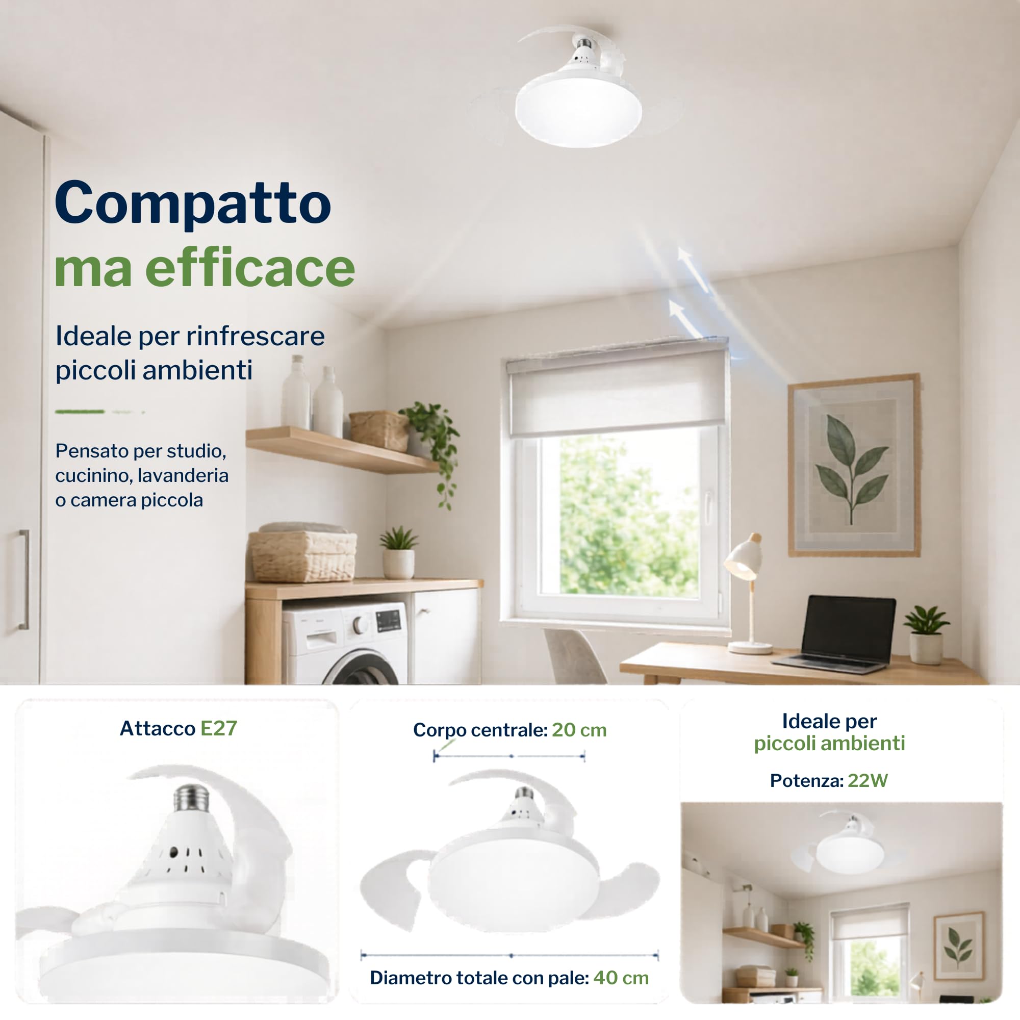 MAKA Ventilatore da Soffitto con Luce LED 22W E27, Telecomando 3 Velocità, Pale Retrattili, Motore 10W Silenzioso, 1155LM, 3000K 4000K 6500K, 220V IP20, per Bagno