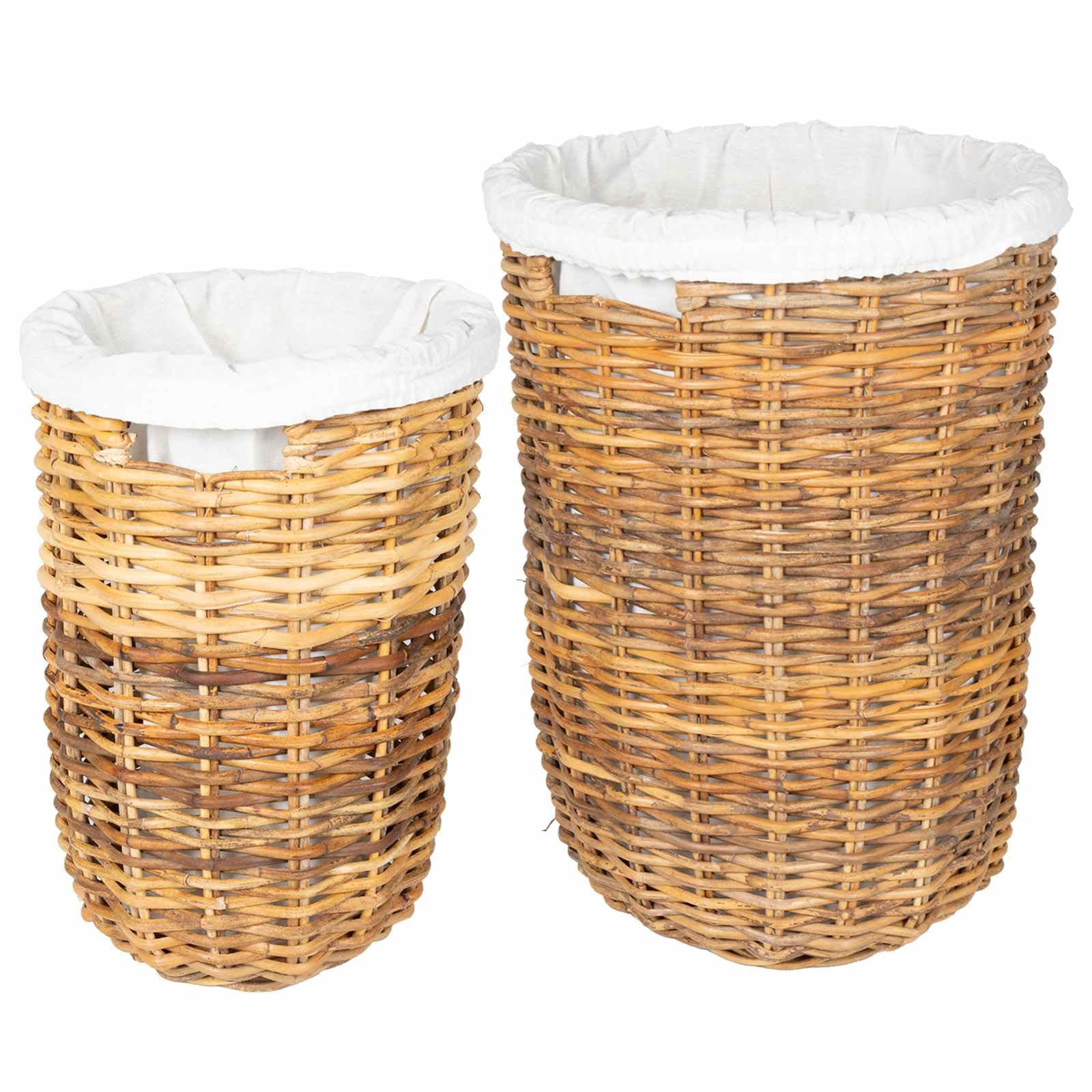 Generico Wäschekorb 2 Stück Braun Rattan Kubu mit Deckel, Set mit 2 Wäschekörben aus Naturfaser mit Belacu-Stoffbezug und Griffen, Größe 42 x 60 cm