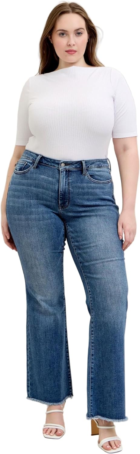 Judy Blue - Mid Rise Vintage Wash Fray Hem Flare Jeans