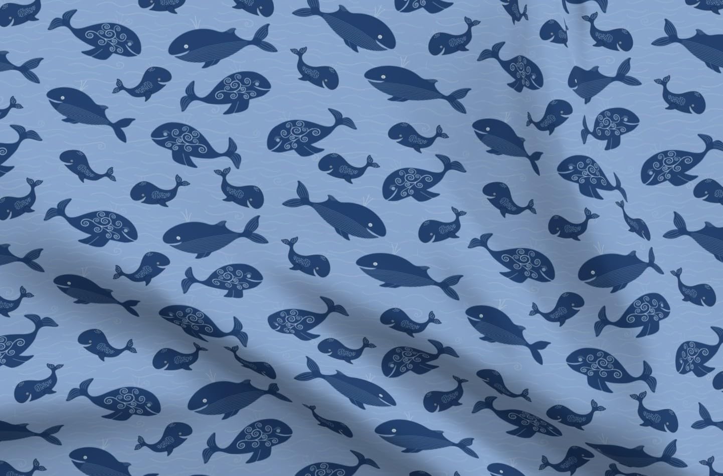 Spoonflower Fabric - Whimsical Whales Nautical Coastal Blue Ocean Sea Life Printed on Petal Cotton Fabric Fat Quarter - Sewing Quilting Apparel Crafts Decor