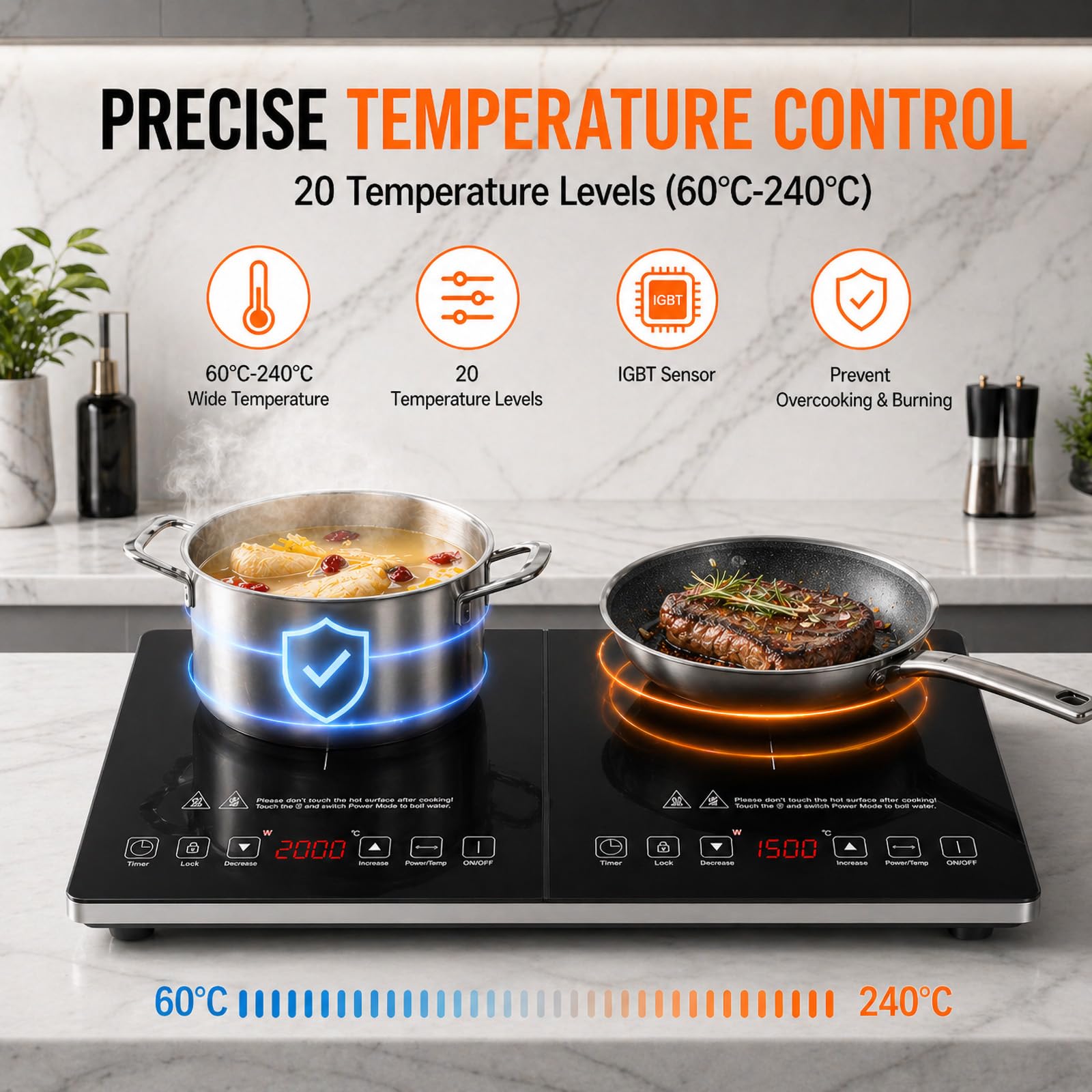 AMZCHEF Plaque Induction 2 Feux, Table de Cuisson 3500 W, 20 Niveaux de Température, Minuterie 3 Heures