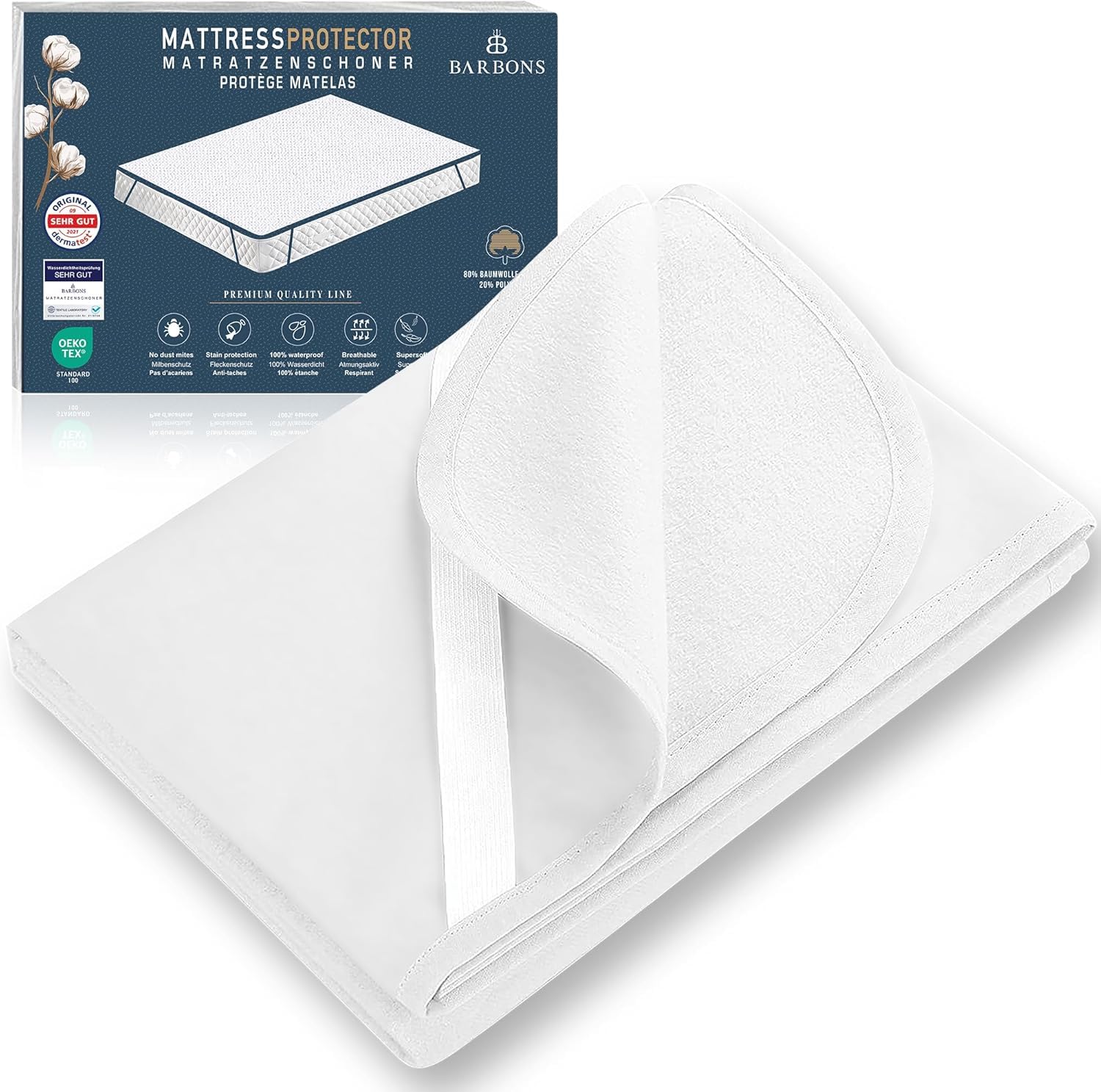 BARBONS Mattress Protector 180 x 200 cm - Oeko-Tex Certified Waterproof Mattress Topper Incontinence Pad Washable Moisture Protection Breathable (180 x 200 cm).