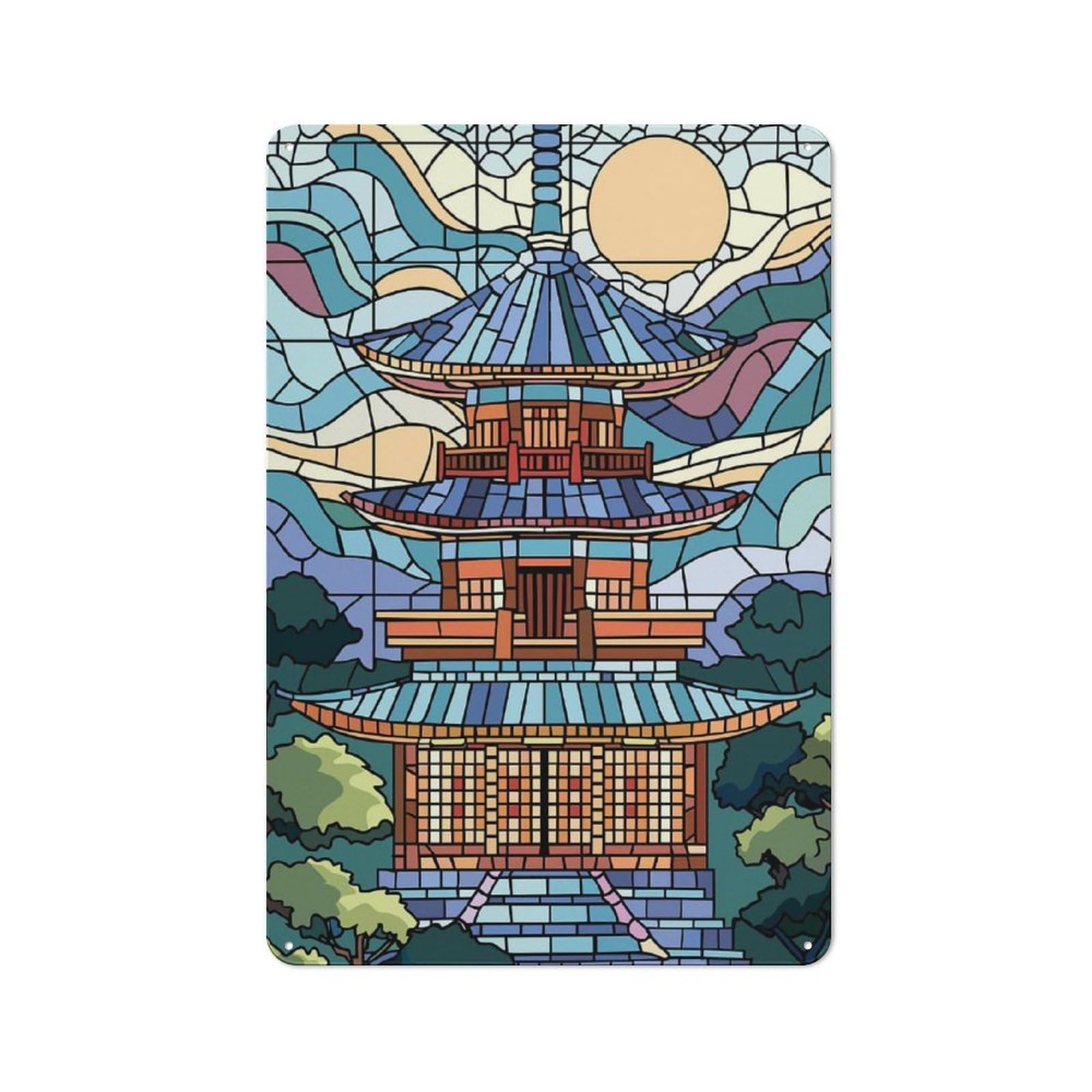 Junmoney Style-8 Metal Plaque 30X20cm With Stained Glass Pagoda Landscape For Pub Or Café, Vintage Decor, For Vintage Wall Decor Fans, For Metal Sign Collectors