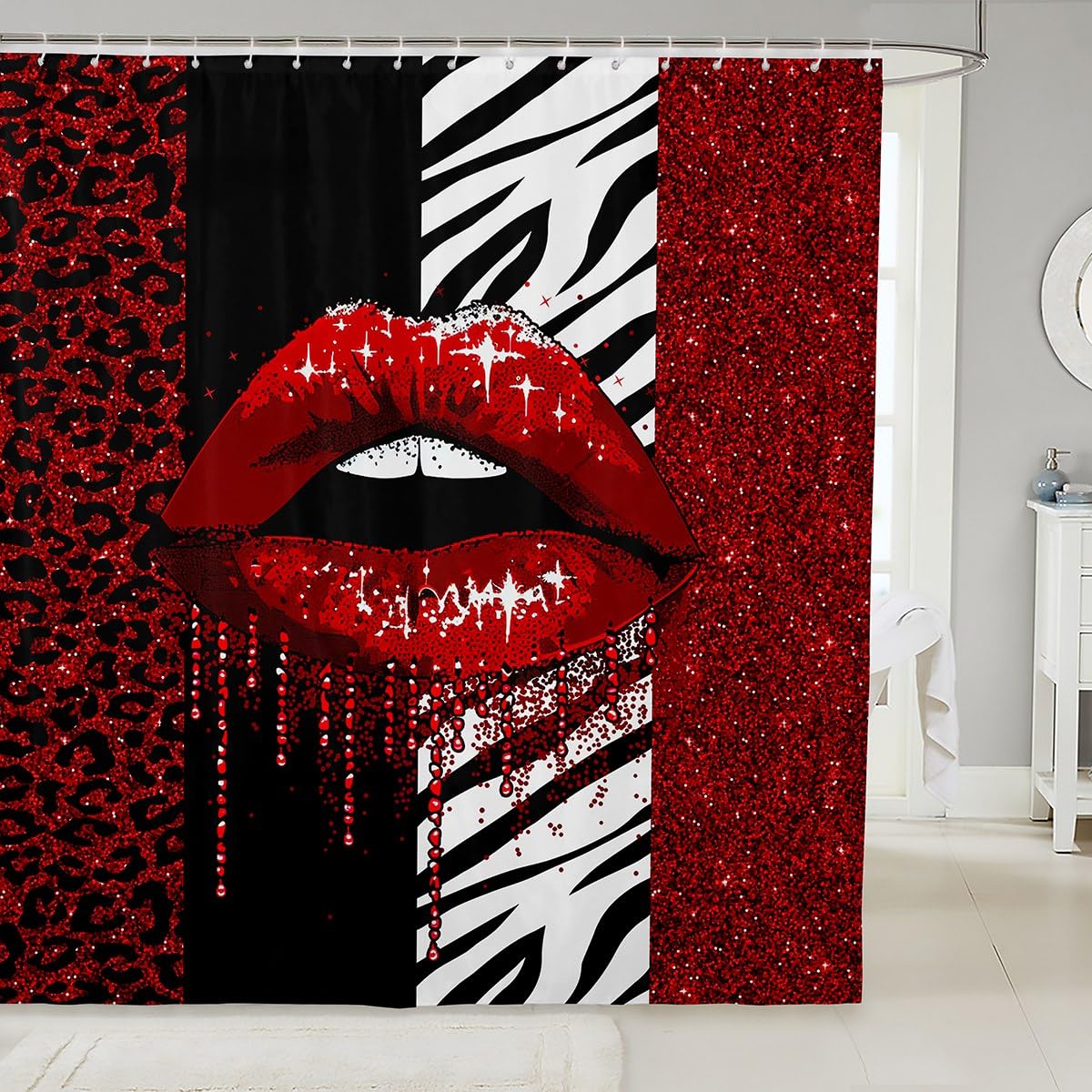 Rideau de douche paillettes rouges et léopard 183x183 cm avec 12 crochets pour salle de bain