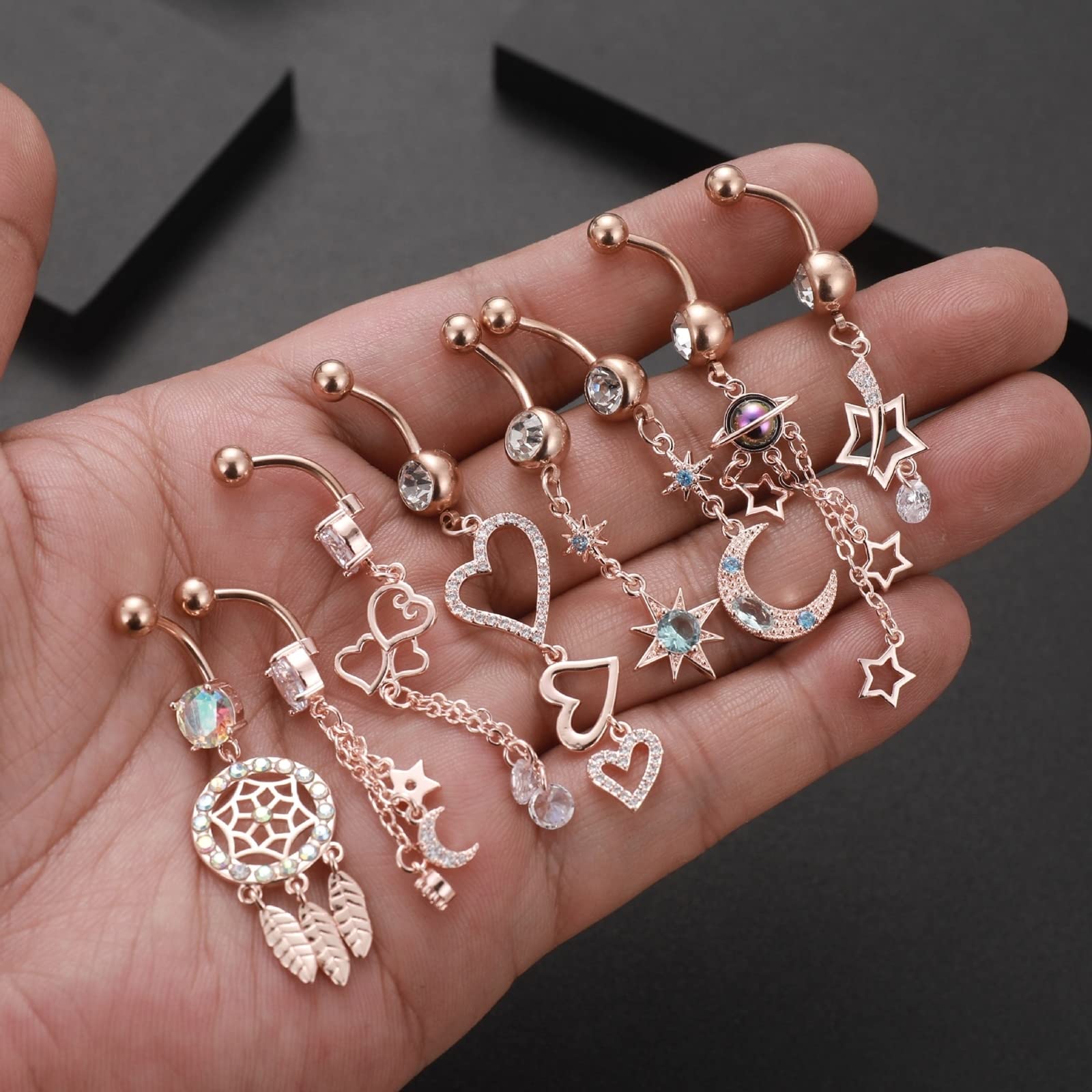 Bauchnabelpiercings, Bauchnabelpiercing Set Kupfer 8 Stück 14G Bauchnabelpiercing Damen Stern Mond Sonne Design Muttertag