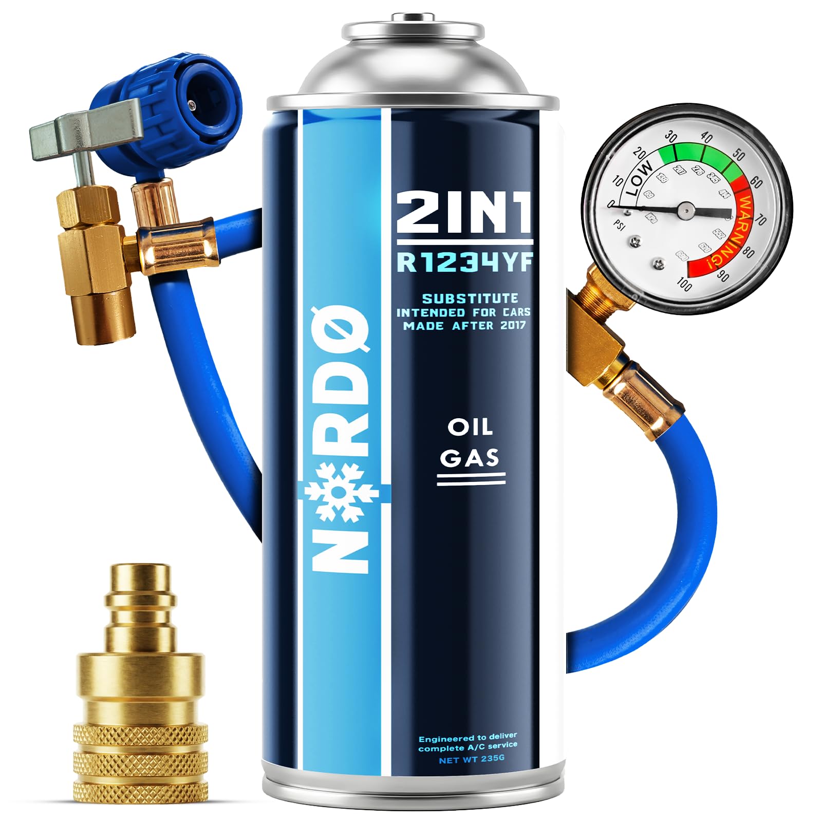 Nordo - Kit ricarica climatizzatore R1234yf con gas R1234yf 3in1 – 2x 235 g – Gas R1234yf – ECO – con adattatore AZ e tubo