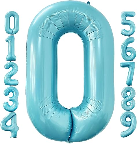 Globo azul bebé número 0 de 40 pulgadas, tamaño grande, globos de helio de Mylar azul claro para niños, suministros de fiesta de cumpleaños,