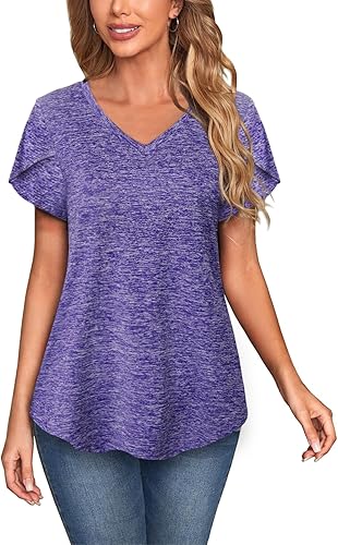 MISS FORTUNE Camiseta de manga corta con cuello en V para mujer manga corta estilo pétalo informal absorbe la humedad Azul