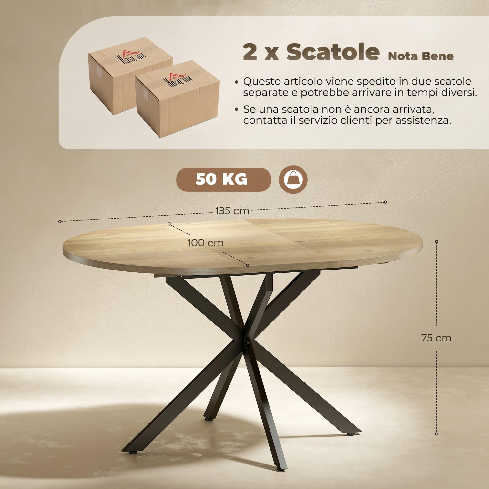 HOMCOM Tavolo da Pranzo Allungabile 4-6 Persone Base X 100-135cm Naturale | Pannelli a Farfalla, Tavolo Rotondo Allungabile ad Ovale, Stile Industriale, per Sala da Pranzo, Soggiorno