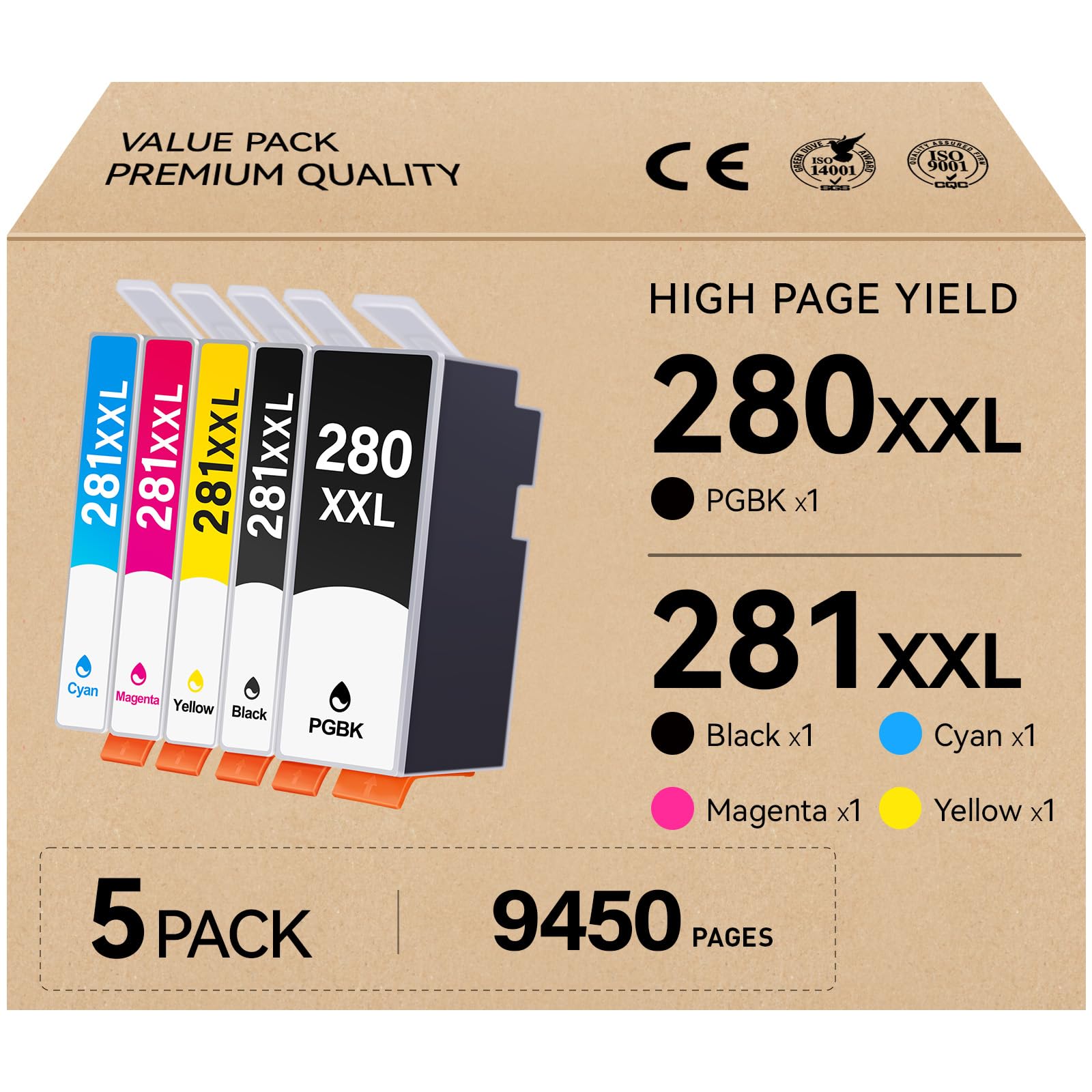 280XXL 281XXL Ink Cartridges 5 Pack High Yield Replacement for Cartridges PGI-280XXL CLI-281XXL for TR8520 Ink Cartridges for Pixma TR8620 TS6320 TR7520 TS6120 TS6220 TS8220 TS9520 TS9521C