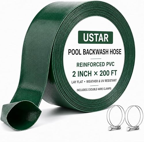 USTAR 2" x 200 FT Pool Backwash Hose, Heavy Duty 3-Layer PVC Lay Flat Drain Hose with 2 Clamps, Kink & UV Resistant Pool Discharge Hose for Pool Filter, Sump Pump and Water Transfer