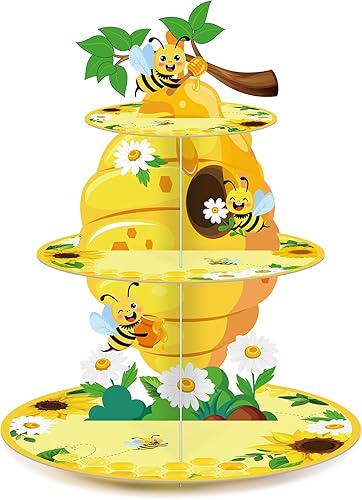 Zopeal Soporte de 3 niveles para cupcakes de abeja, decoración de fiesta, soporte para cupcakes de girasol, soporte de pastel de abeja de verano