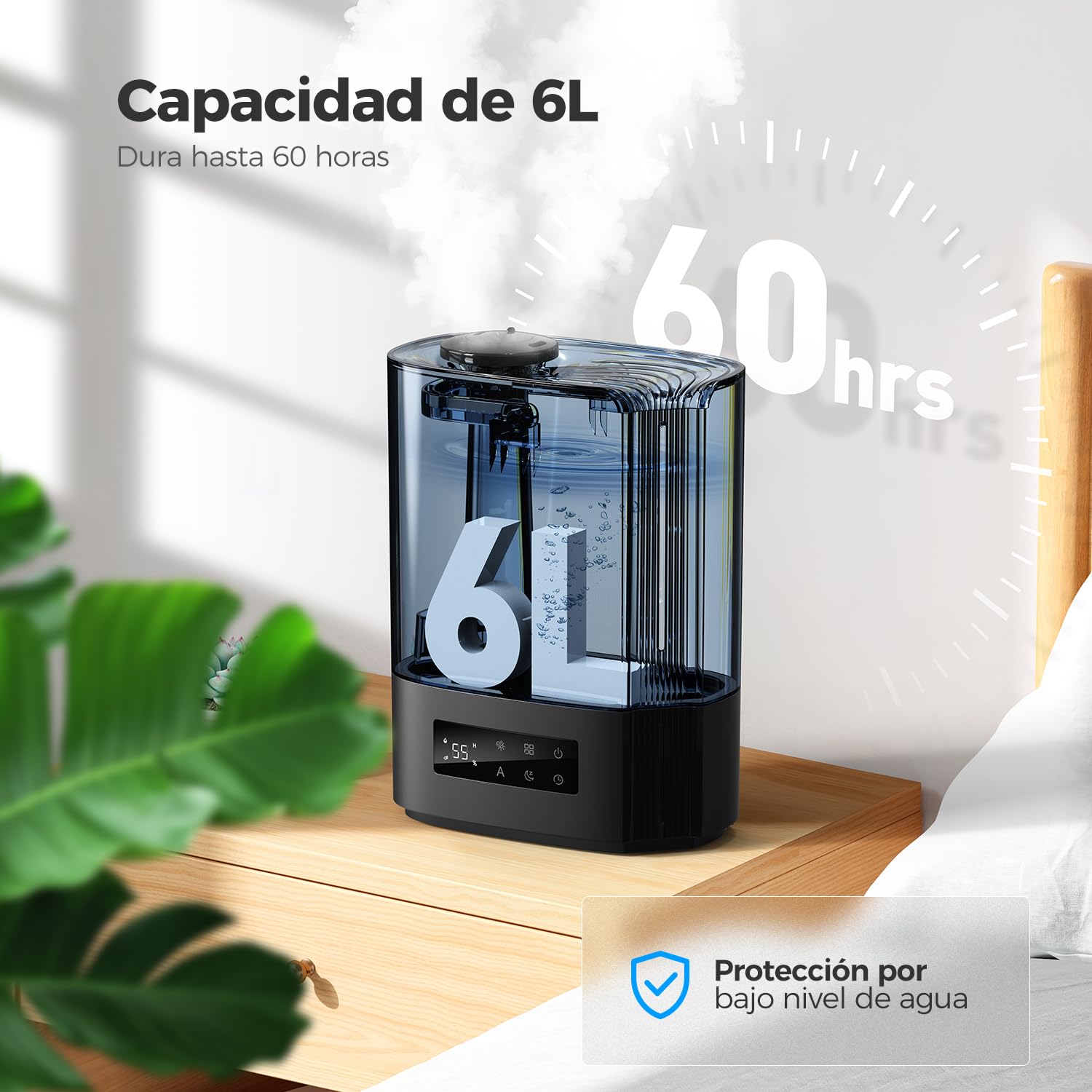 AROEVE Humidificador de Aire 6L para Habitaciones, Difusor de Aceites Esenciales, Humidificador Ultrasónico para Bebés y Plantas, Duración de hasta 60 Horas, Control de Humedad Inteligente, Silencioso